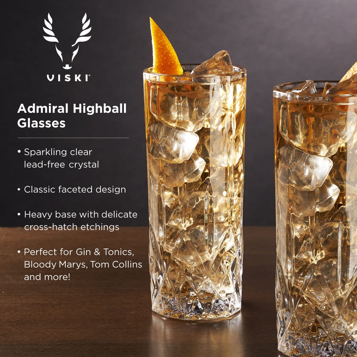 Viski Admiral Highball Glasses - Cut Crystal Drinking Glasses - Tall Cocktail Glasses 9oz Set of 4