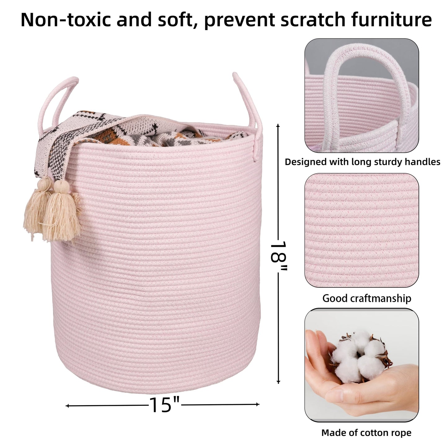 XUANGUO Cotton Rope Laundry Basket Hamper for Girls Kids Baby Nursery Hamper Bin Woven Storage Basket for Living Room Girls room Boho Tall Rope Baskets for Blanket Toys Large light pink