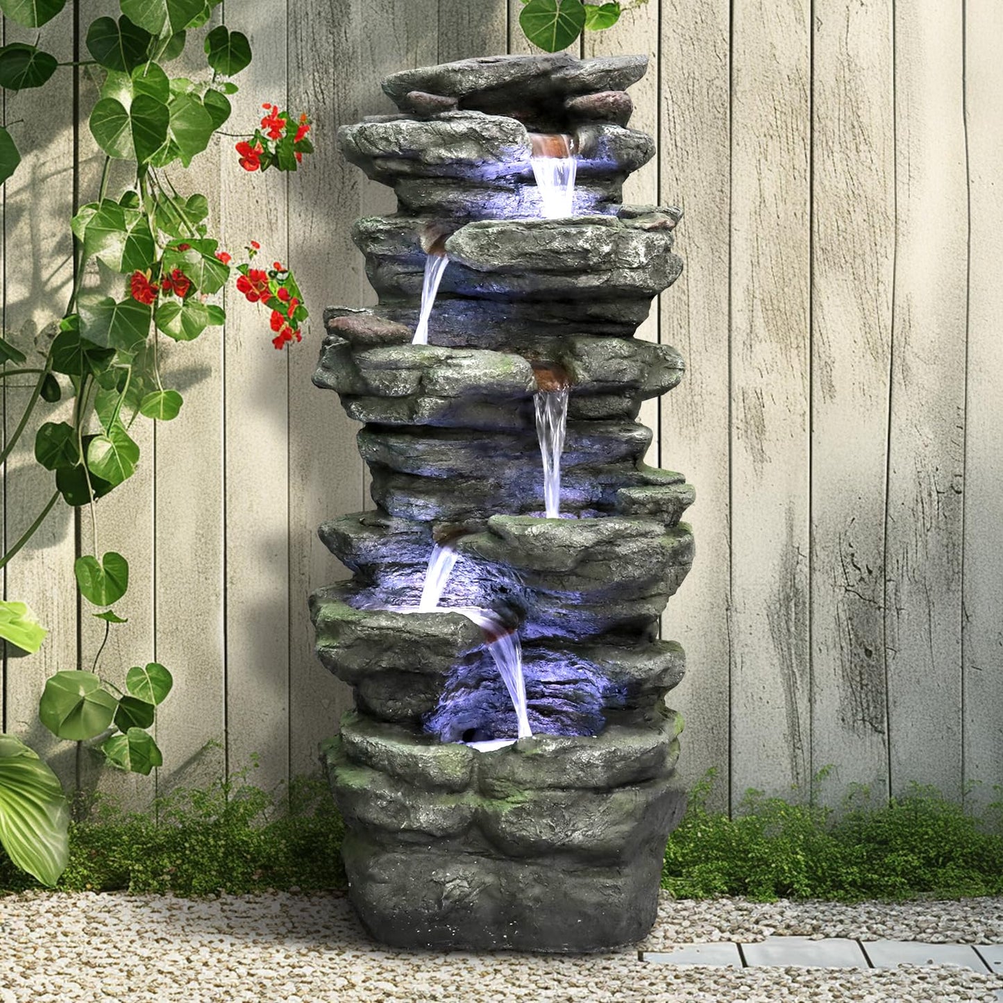 SunJet 40" High 6-Tiers Cascading Rock Outdoor Water Fountain with LED Lights - Large Outdoor Fountains and Waterfalls for Garden or Patio, Yard, and Deck Decor, Featuring Natural Stone Look