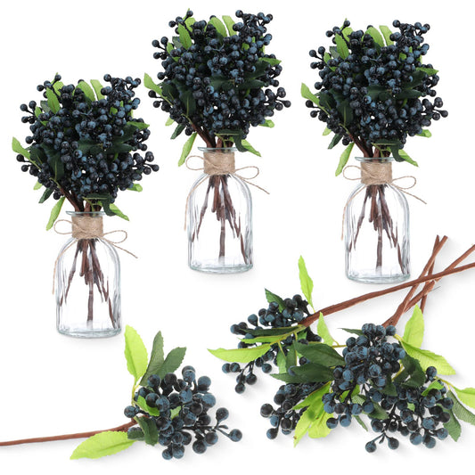 Yunsailing 30 Pcs Artificial Flowers Bulk, Faux Berry Stems Picks with Green Leaves,9.8 Inch Short Branch Artificial Flowers for Home Kitchen Wedding DIY Bridal Bouquet Party Decoration(Blue)