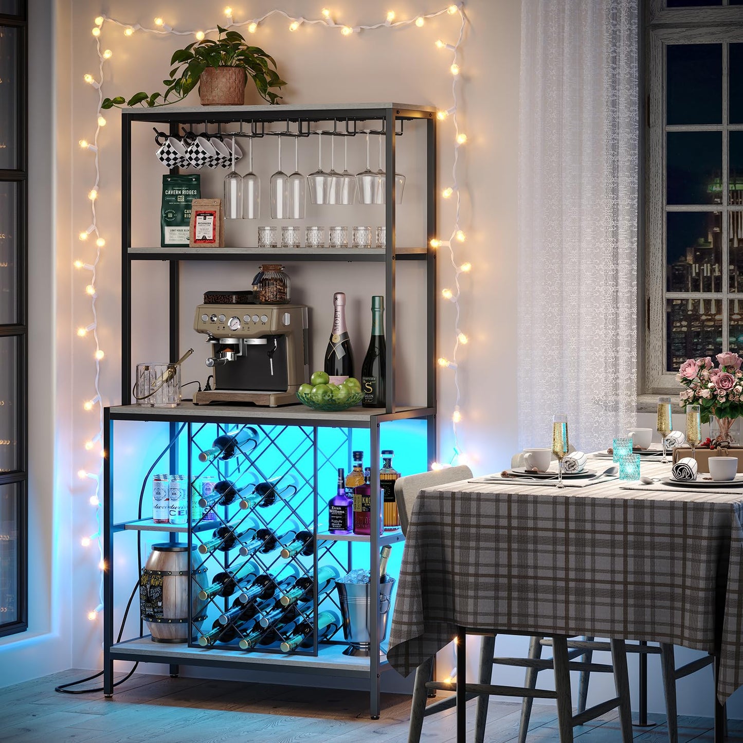 furomate Wine Cabinet with Power Outlets & LED Lights, 5-Tier Industrial Wine Bar Cabinet with Glass Holder, Home Bar Furniture, Wine Ranks for Liquor and Wine Storage, Grey