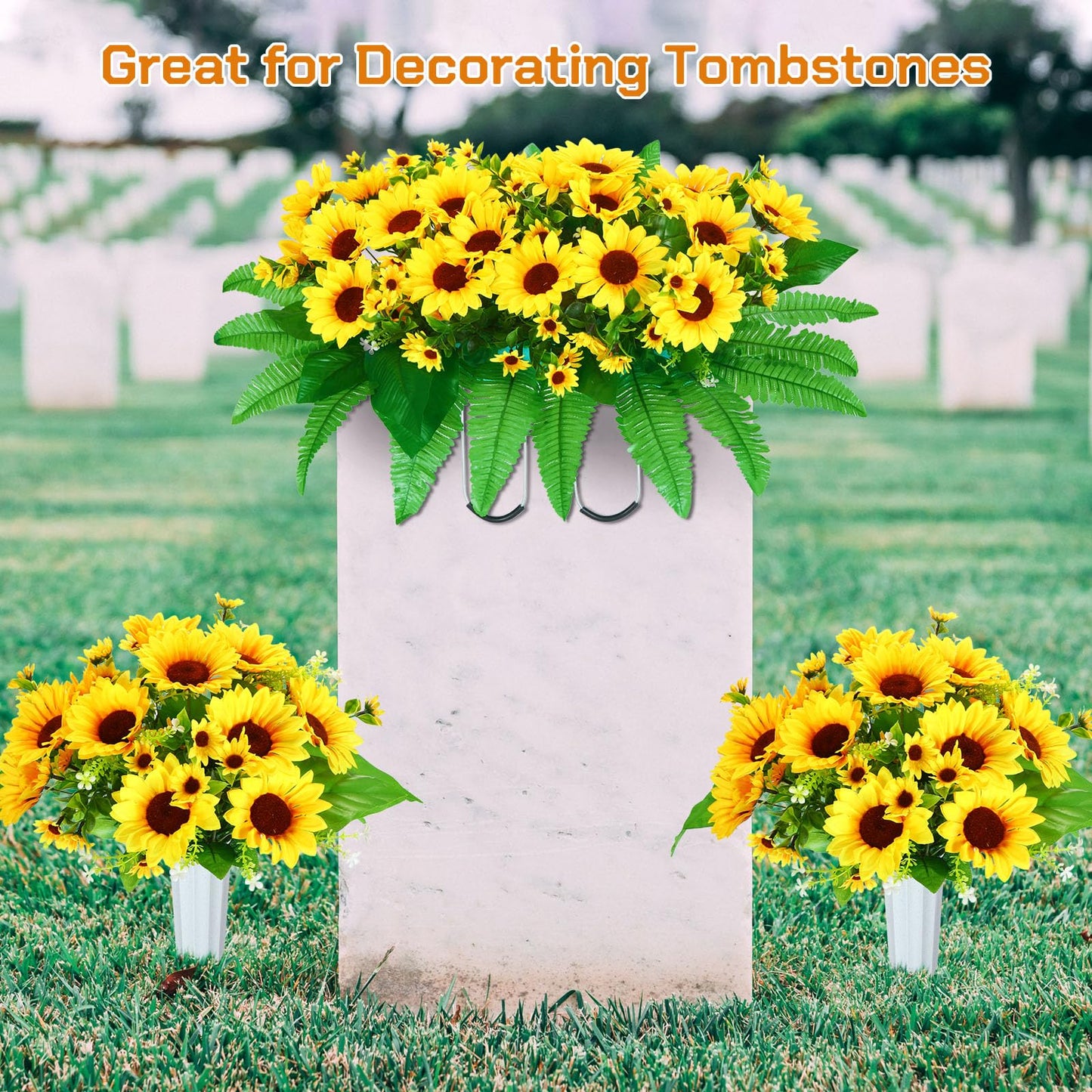 Tigeen 3 Pieces Cemetery Sunflowers Cemetery Flowers for Grave Funeral Headstone Saddle Flowers Artificial Yellow Sunflower Bouquets with Vase Memorial Flowers Florals Outdoor Gravesite Decoration