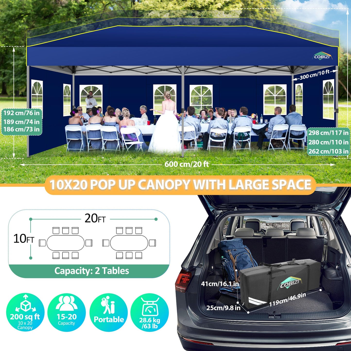 COBIZI 10x20 Pop Up Canopy with 6 Sidewalls One Push Setup Outdoor Event Shelter Waterproof UPF 50+ Gazebo Tent with Carry Bag,Air Vent,Sandbag for Wedding, Commercial, Party,Navy Blue