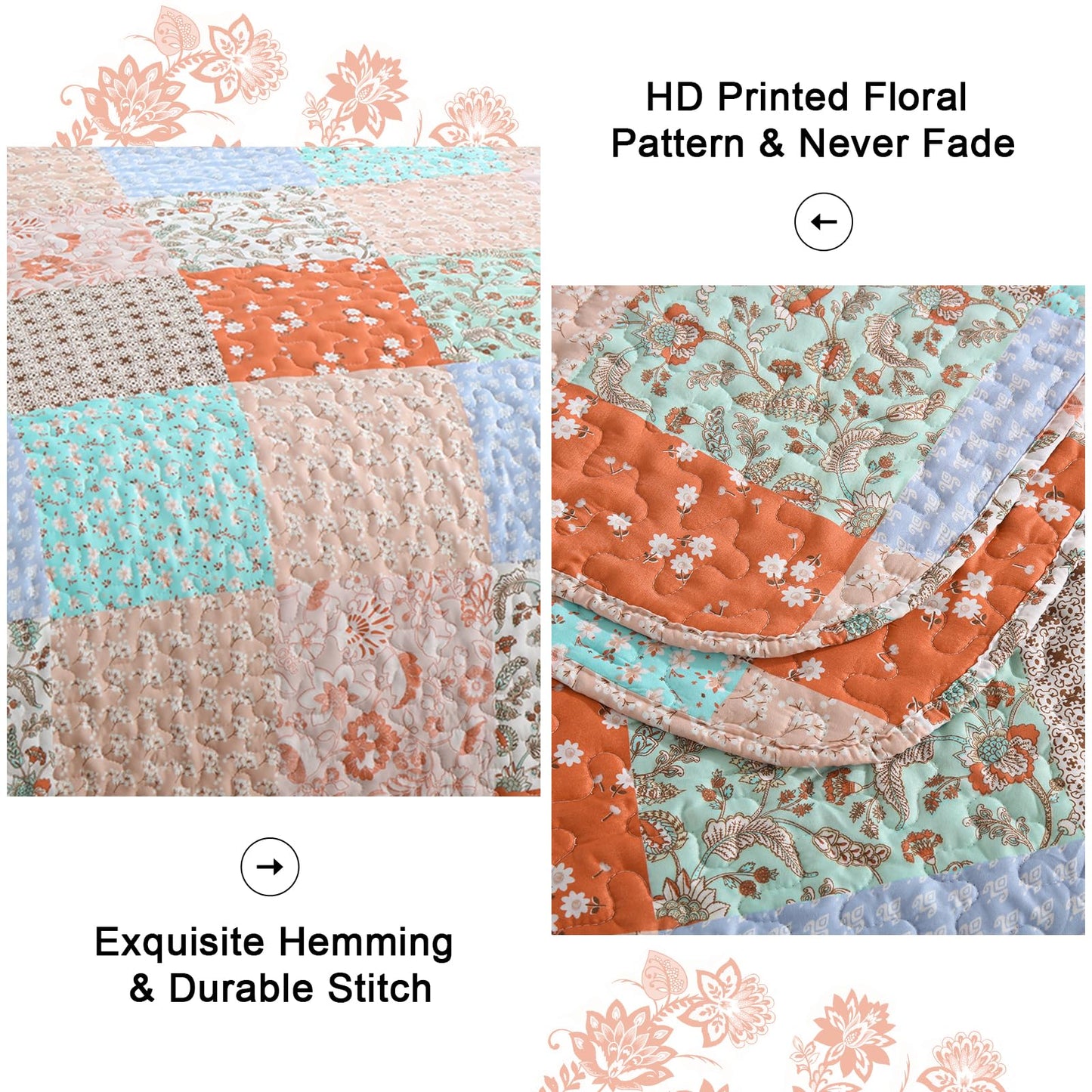 Queen Quilt Set Boho Orange Teal Patchwork Bedspread Floral Coverlet Reversible Spring Bed Quilt Set Soft Microfiber Bedding Farmhouse Garden Bed Sets for All Season