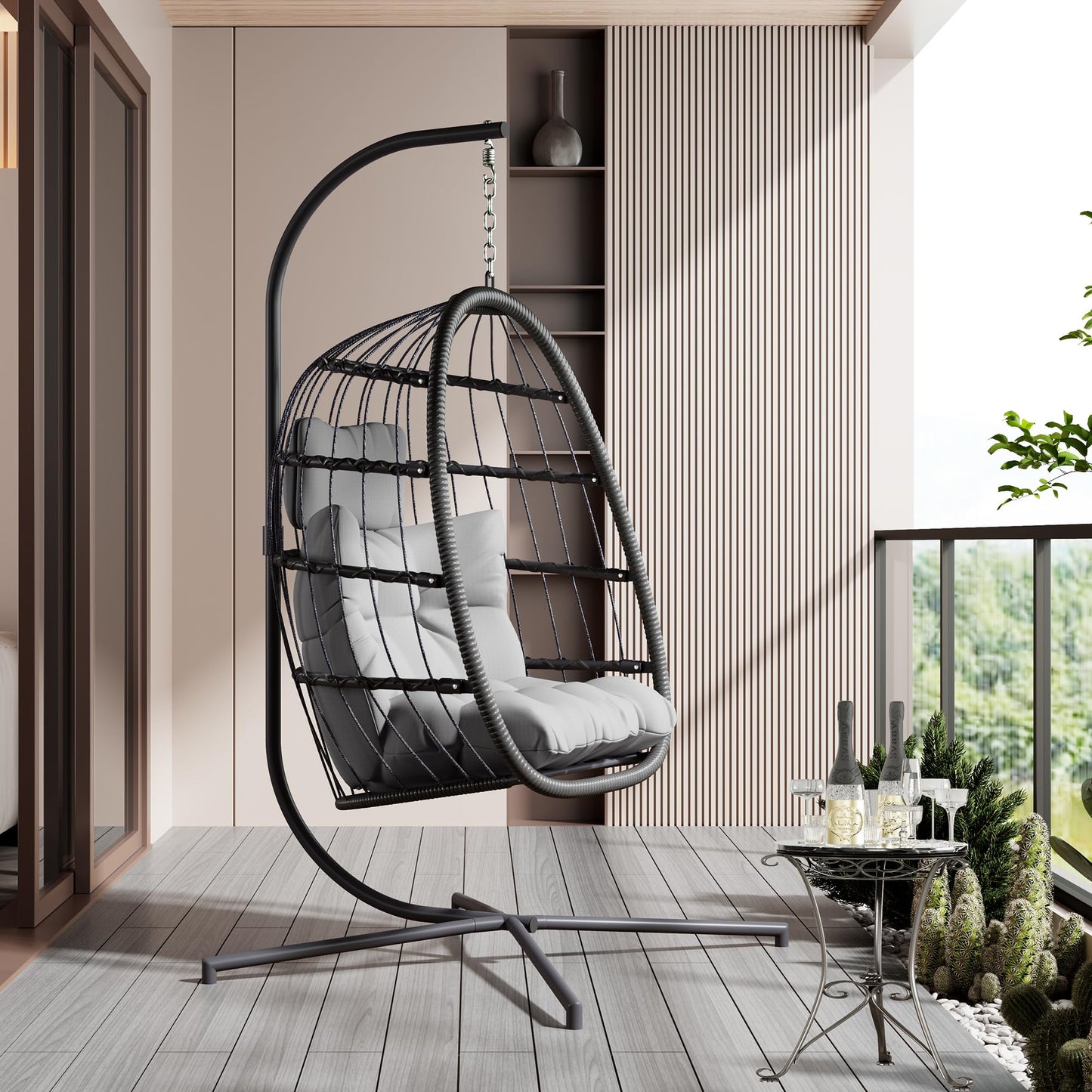 HWB Hanging Egg Chair with Stand, Patio Wicker Hammock Egg Swing Chair with Cushion for Bedroom Garden Indoor Outdoor (Grey)