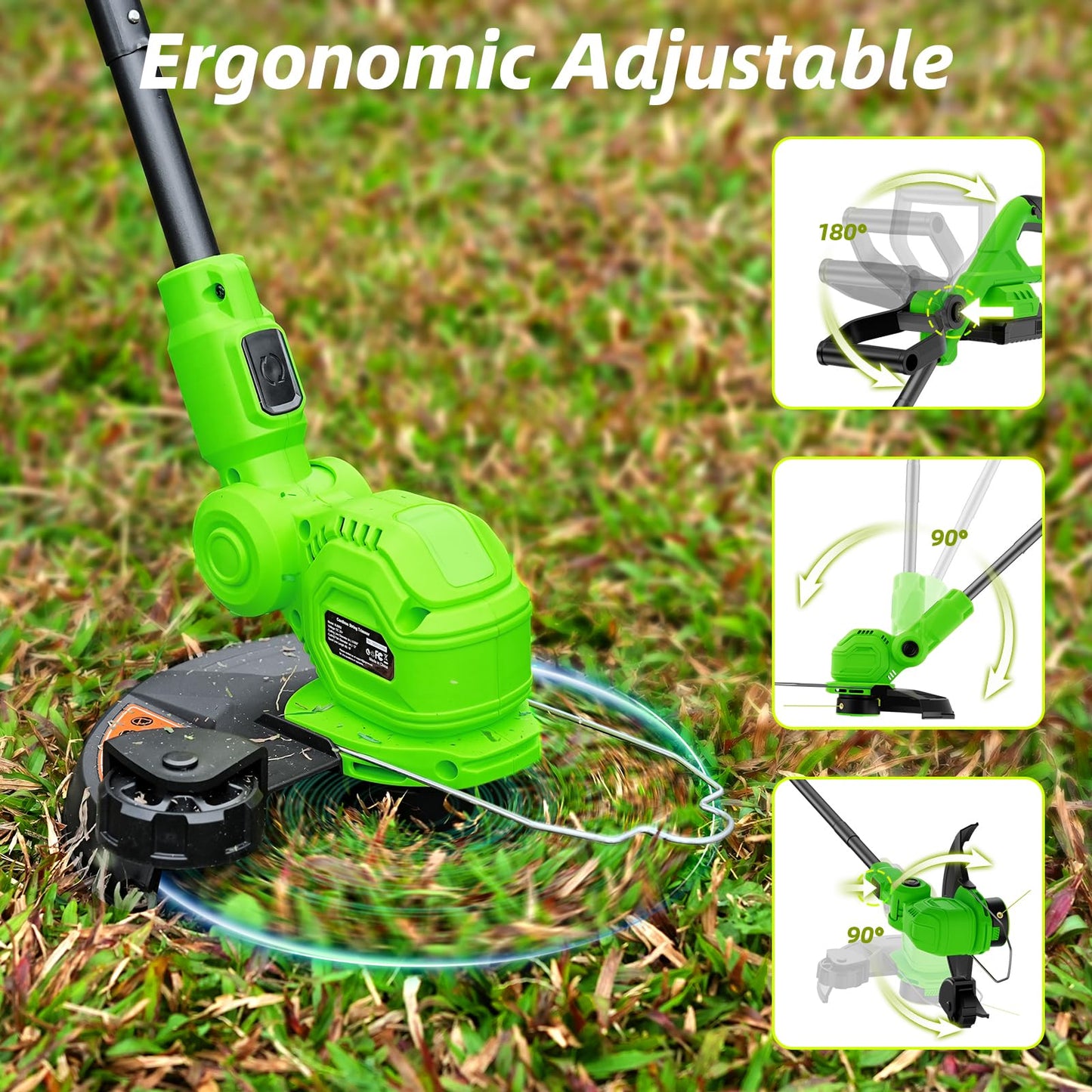 SUNCHERS 12-inch 20V Cordless String Trimmer with Charger, 2 X 2.0Ah Battery Powered Grass Mover with Auto Line Feed, 2 in 1 Lawn Edger with 8 Pcs Grass Cutter Spool Line and 2 Spool Cap, Green