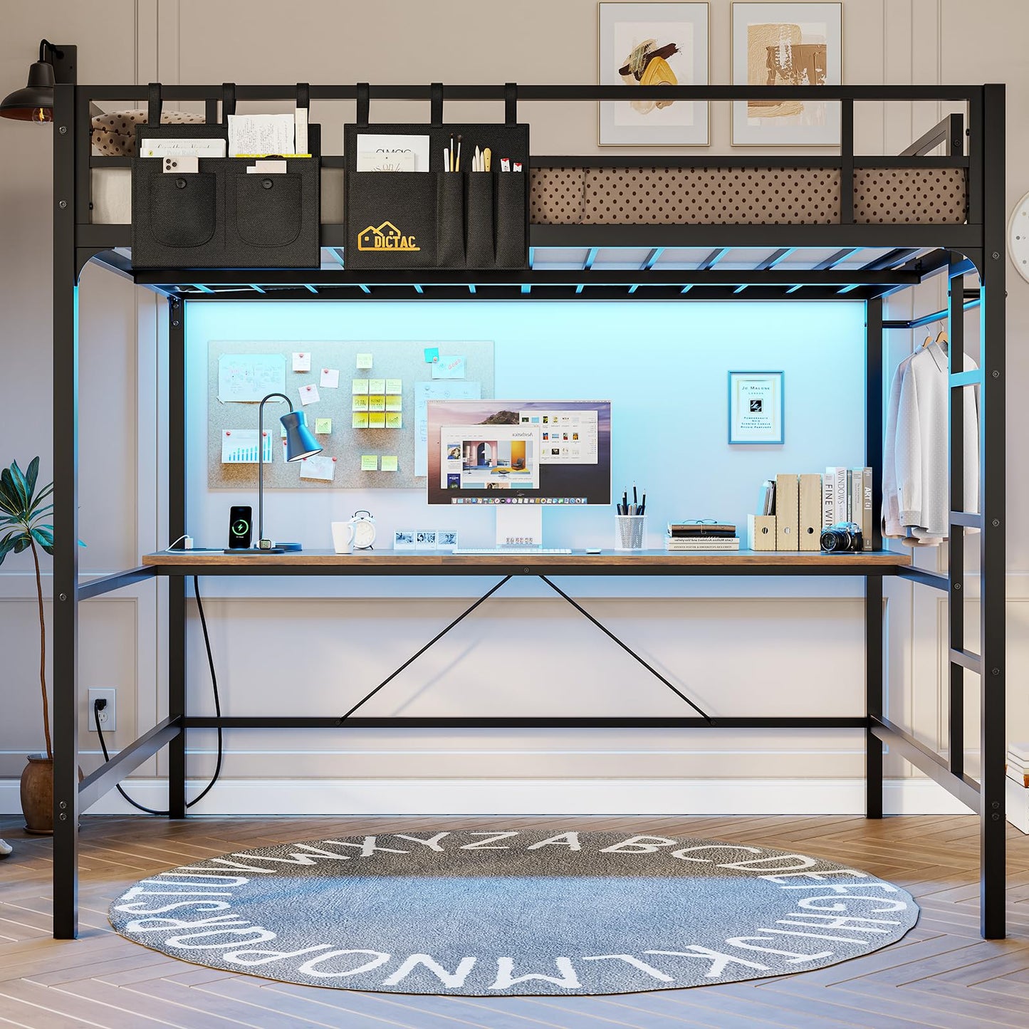 DICTAC Loft Bed Full Size with Desk and Led Lights Full Metal Loft Bed with Charging Station Full Size Metal Bed Frame with Safety Guard & Ladder, Space-Saving,No Noise,No Box Spring Needed, Black