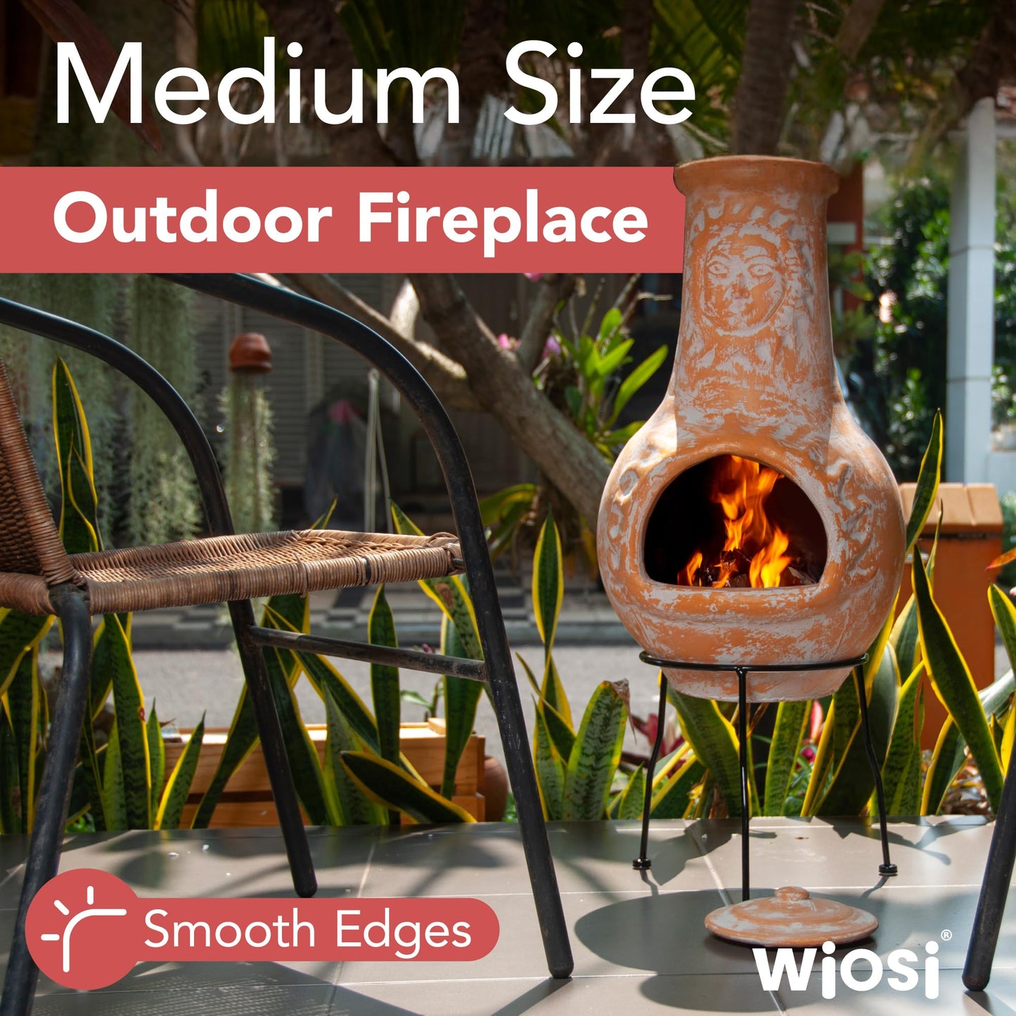 Wiosi Medium Chiminea Outdoor Fireplace Clay Chimineas with Chimney Rain Lids and Solid Metal Stands - Yellow Terracotta Chimenea - Rustic Fire Pit Chimnea 16 x 16 x 32-inch