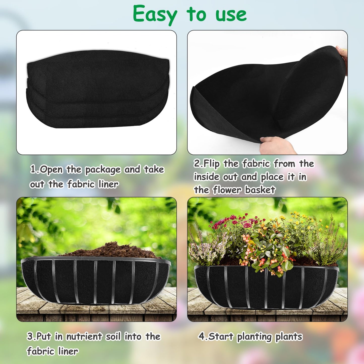3PCS 36 Inch Planter Basket Liners Fabric Window Box Liners Felt Trough Planter Liner Replacement Black Flower Basket Liner Non-Woven Hanging Plant Liner for Planters Garden Fence - Avoid Bird Nesting
