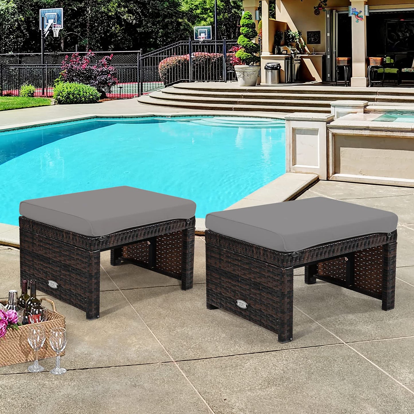 Tangkula 2 Pieces Patio Rattan Ottomans, All Weather Outdoor Footstool Footrest Seat with Soft Cushion, Hidden Zipper, High-Density Sponge, Wicker Ottoman Seat for Patio, Garden, Poolside (Grey)