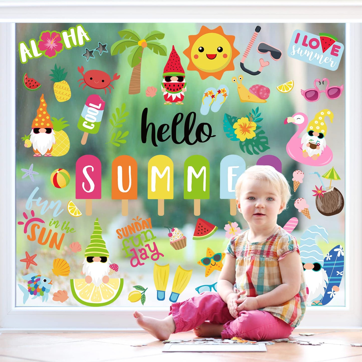 Whaline 9 Sheets Summer Window Clings Cartoon Gnome Ice Lolly Prints Double-Sided Window Decals Hello Summer Window PVC Stickers Anti-Collision for Summer Home Room Classroom Decor Party Supplies