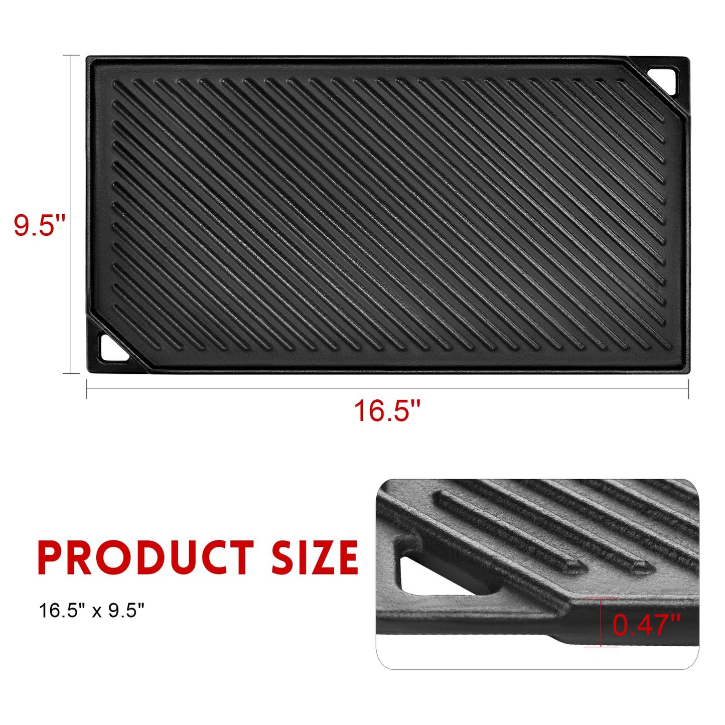 GGC Reversible Cast Iron Griddle, Double-sided Griddle Pan for Stove Tops, Gas Grills and Outdoor Cooking, 16.5 x 9.5 Baking Flat and Ribbed Griddle Plate
