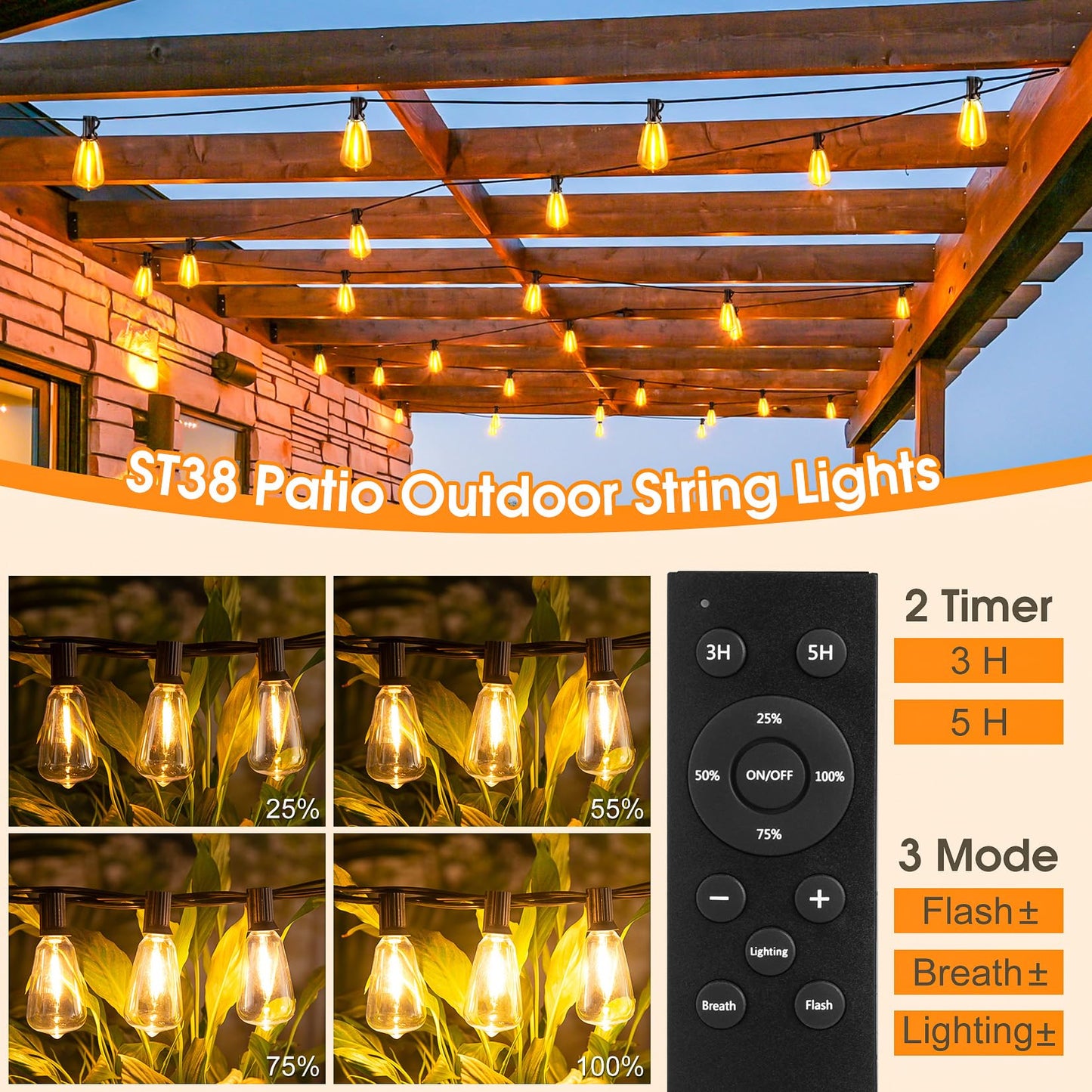 Rovnoes 100FT Outdoor String Lights for Patio, Energy Saving Waterproof Hanging Light with Shatterproof LED Edison Bulbs, Dimmable Timer Outside Lighting with Remote for Backyard Bistro Cafe