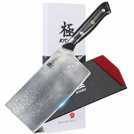 KYOKU Vegetable Cleaver Knife - 7" - Shogun Series - Japanese VG10 Steel Core Forged Damascus Blade - with Sheath & Case