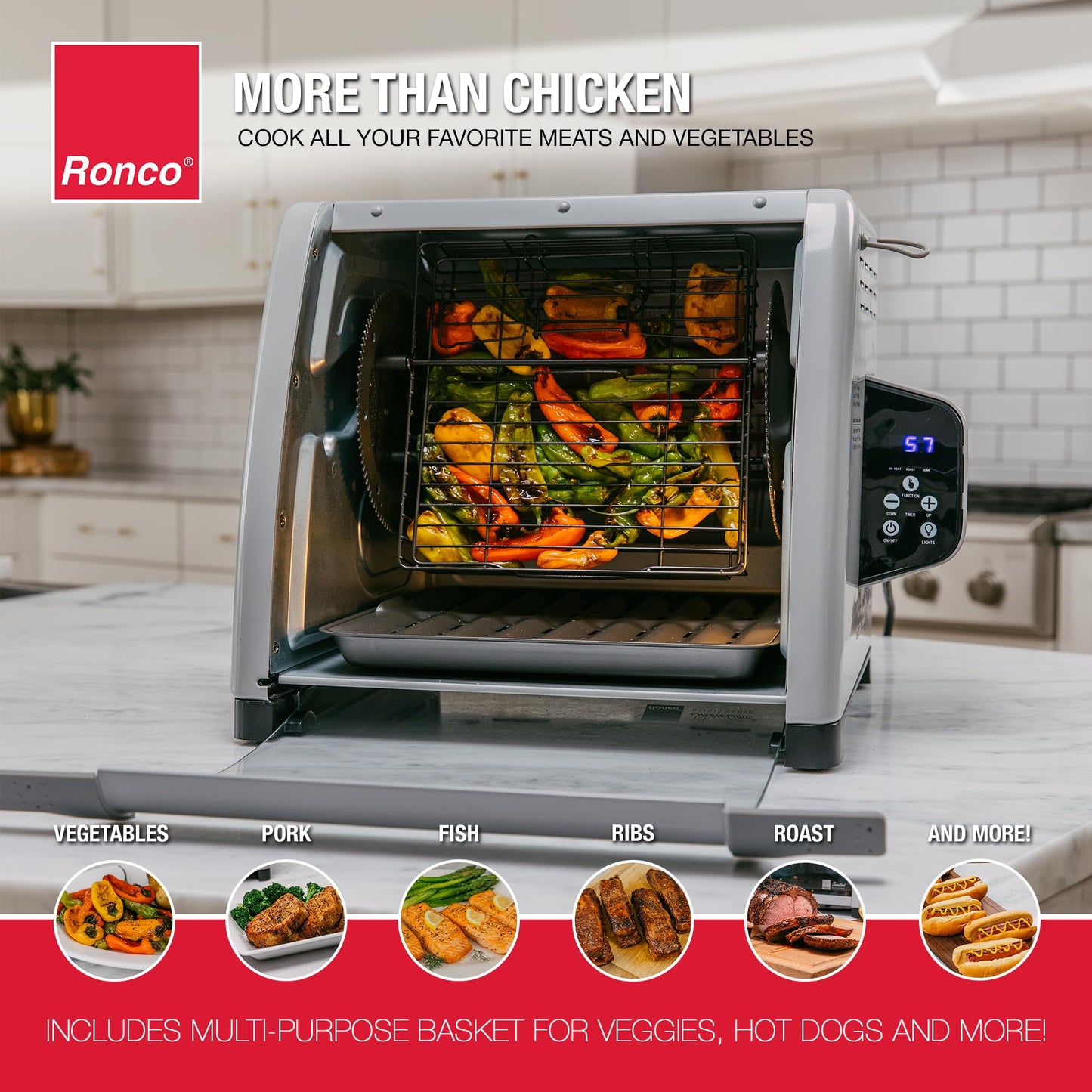 Ronco 6000 Platinum Series Rotisserie Oven, Digital Display, 12-Pound Capacity, Auto Shutoff, Includes Rotisserie Spit, Multi-Purpose Basket, 3 Cooking Functions: Rotisserie, Sear and No Heat Rotation