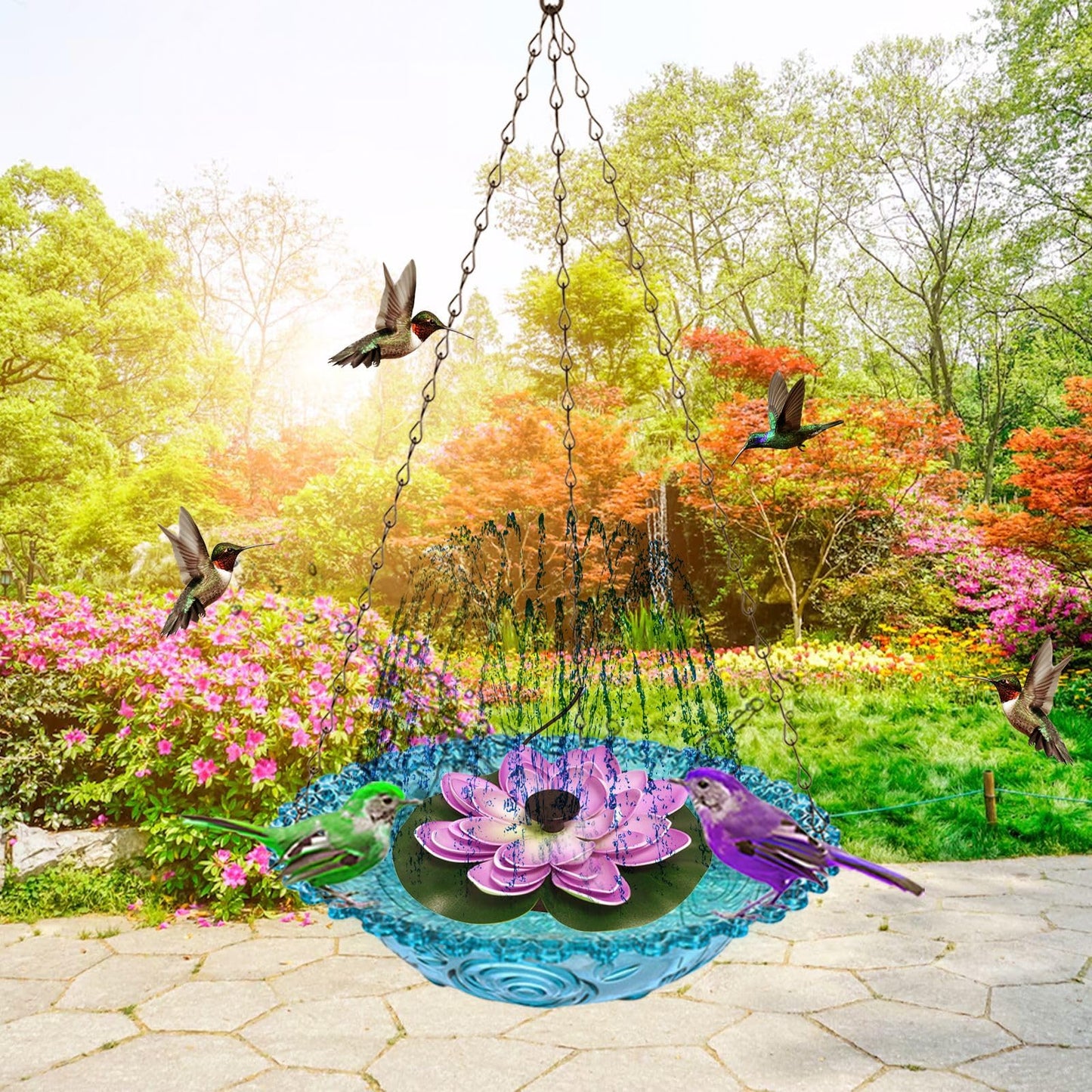 Hanging Bird Bath - Bird Bath Bowl with Solar Fountain Pump - Deck Mount Metal Bird Bath Bowl Powered by Water Fountain Pump for Outdoor Garden - Solar Powered Bird Bath Fountain (Pink)