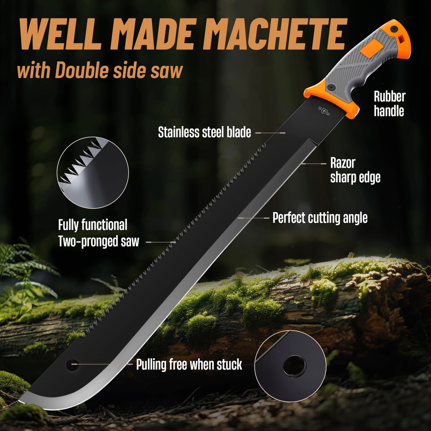 Machete with Saw - 25” Heavy Duty Tool & Sheath - Ergonomic No-Slip Handle - Survival Knife with Serrated Blade - Machetes for Bushcraft Outdoor Hunting Garden Cutting Trees and Yard Work 13153