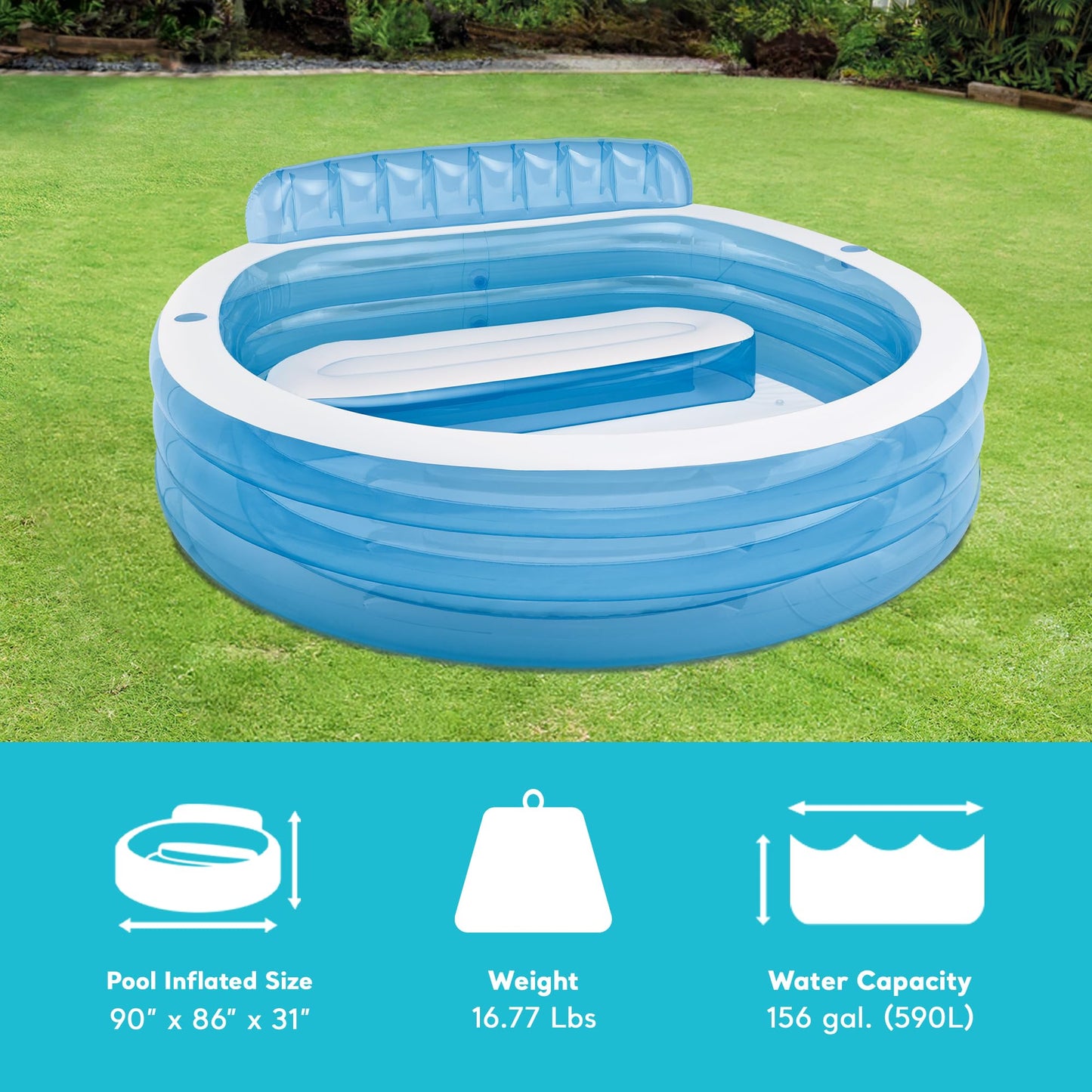 Intex Swim Center Inflatable Family Lounge Pool: Built-in Bench – Cup Holder – 156 Gallon Capacity – 90" x 86" x 31" – Blue