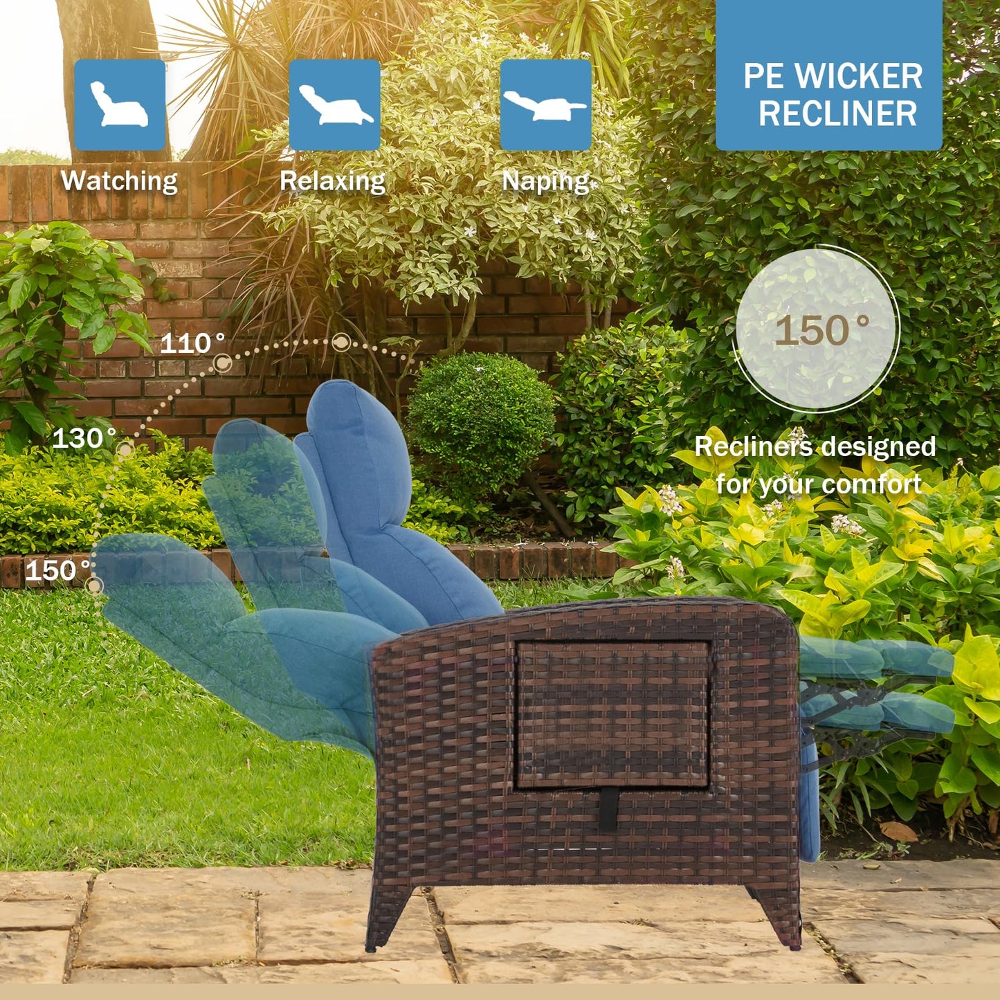 ZZW Outdoor Recliner Chairs Set of 2, Reclining Patio Chairs with Adjustable Back up to 150°Lay Flat and Extended Footrest, Wicker Recliner Chairs with Flip Table and Removable Olefin Cushion