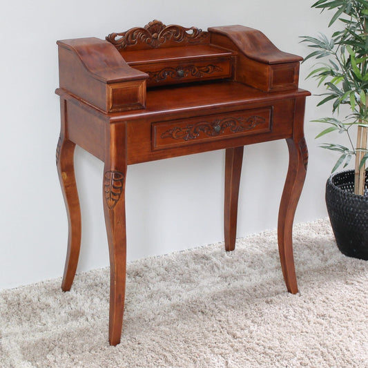 International Caravan Furniture Piece Carved Wood Two Drawer Telephone Table
