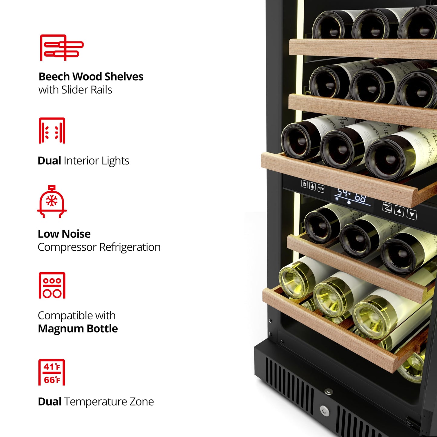 Frostronics 15 Inch Dual Zone Wine Refrigerator, 29 Bottles Under Counter Built-In or Freestanding Wine Cellar, Wine Cooler with Quiet Compressor Cooling and Reversible Glass Door, Fits Large Bottle