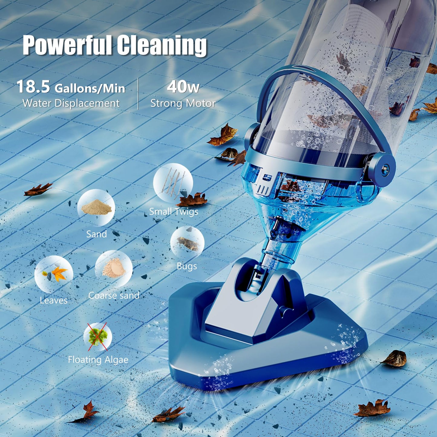 Pool Vacuum for Above Ground Pool with a Telescopic Pole, Running time up to 1H, T403 Handheld Rechargeable Pool Cleaner with Powerful Suction up to 18.5 gallons/min, Ideal for Leaves, Debris