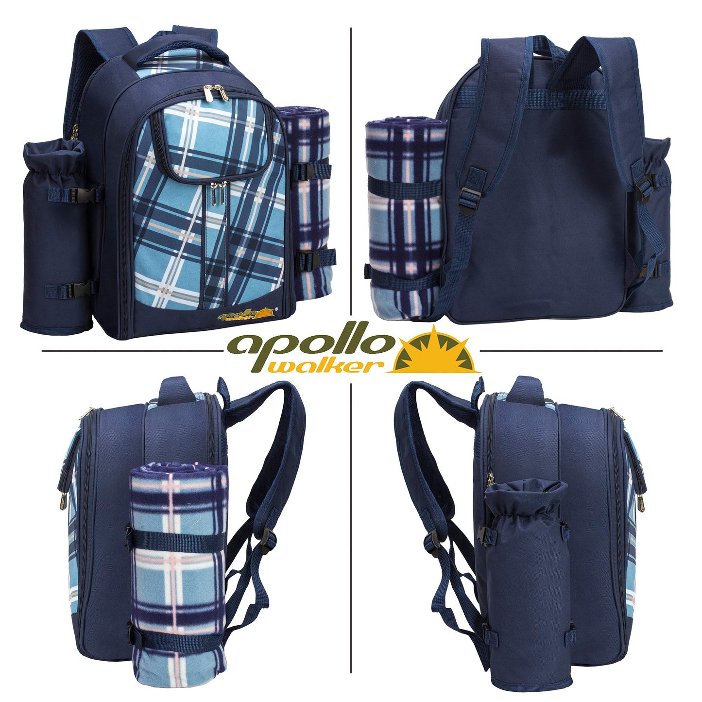 Apollo Walker Picnic Backpack Bag for 2 Person with Cooler Compartment, Detachable Bottle/Wine Holder, Fleece Blanket, Plates and Cutlery (Blue)