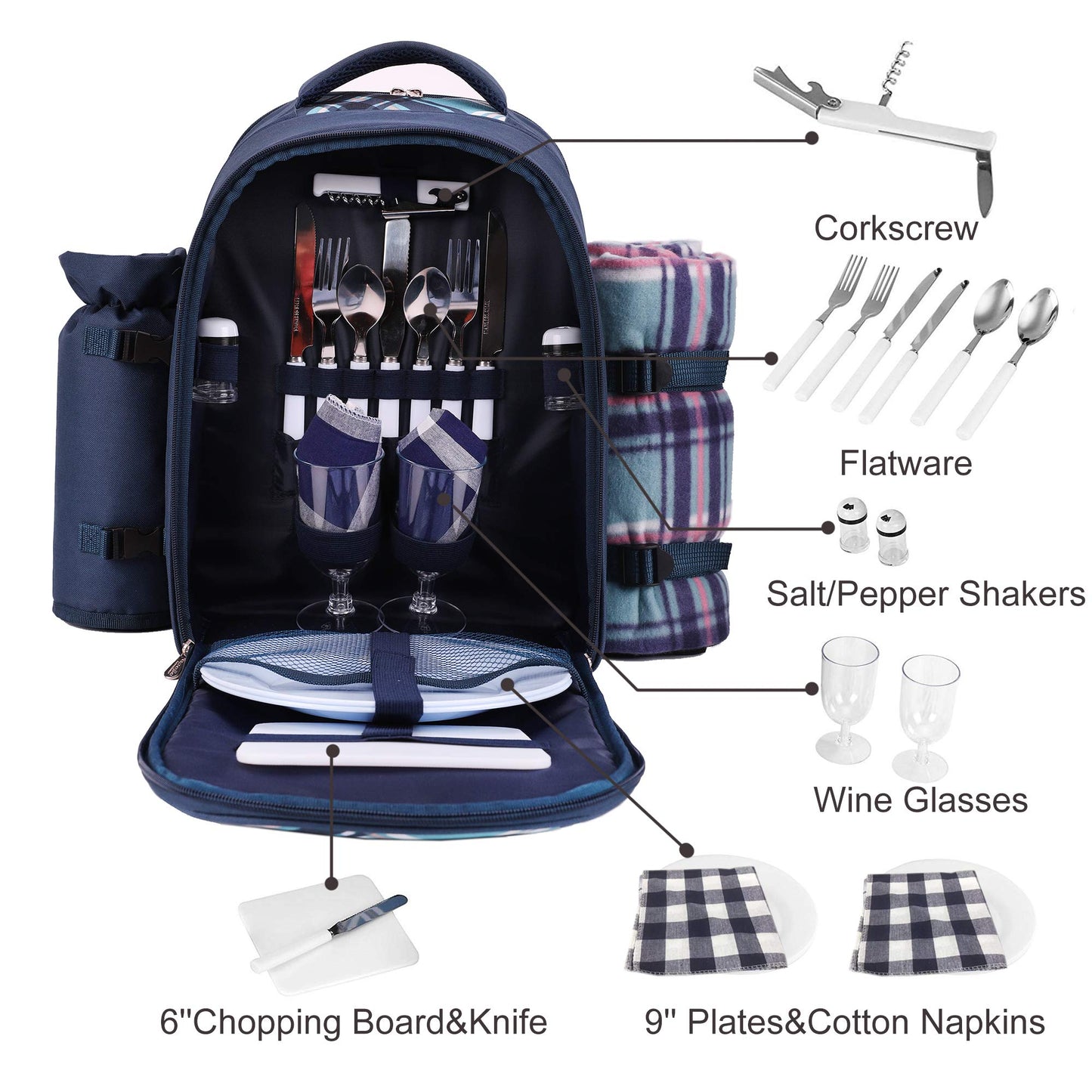 Apollo Walker Picnic Backpack Bag for 2 Person with Cooler Compartment, Detachable Bottle/Wine Holder, Fleece Blanket, Plates and Cutlery (Blue)