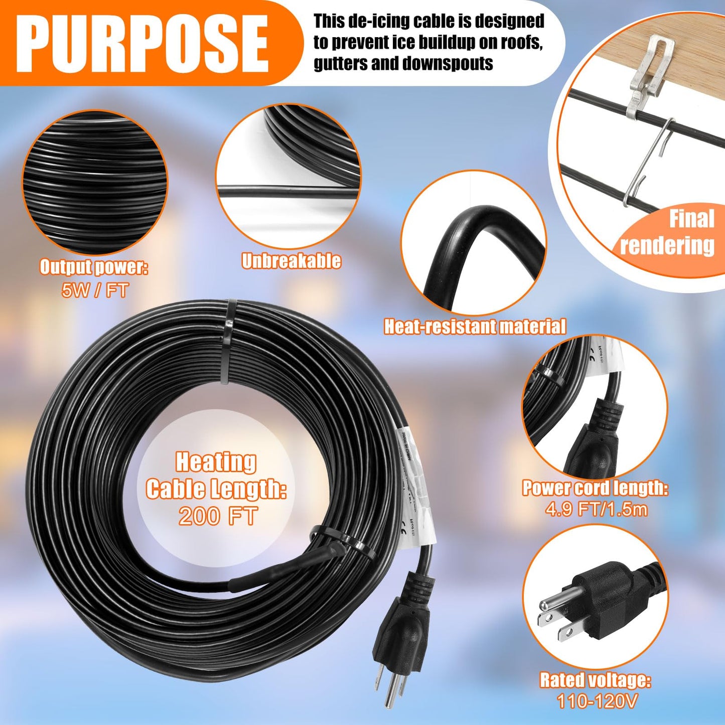 Retisee 200 ft Roof Snow Deicing Cable Kit 5 Watts Per Foot Deicing Heating Cable Plug in Heat Tape for Roof and Gutters with Mounting Buckle, 110V