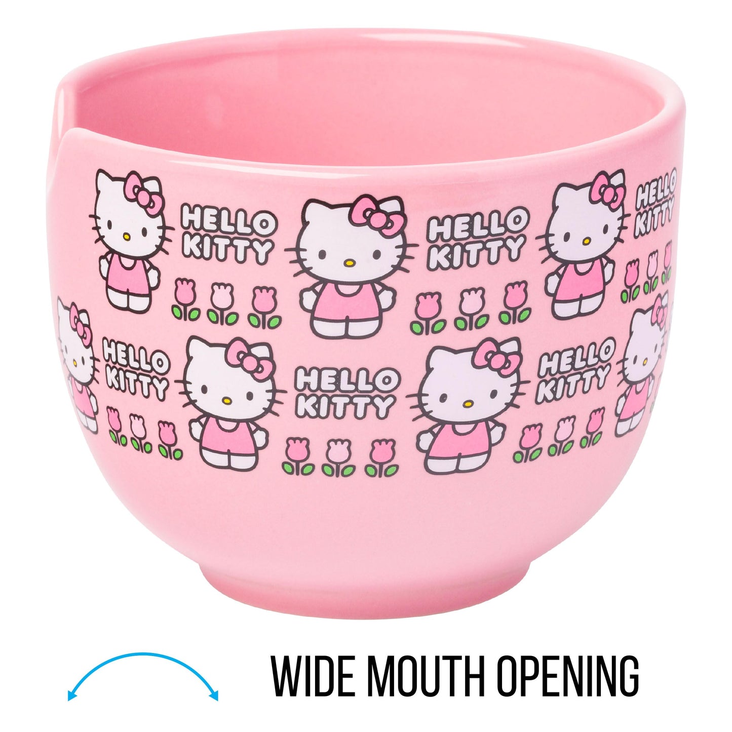 Silver Buffalo Sanrio Hello Kitty Flowers Pattern Ceramic Ramen Noodle Rice Bowl with Chopsticks, Microwave Safe, 20 Ounces