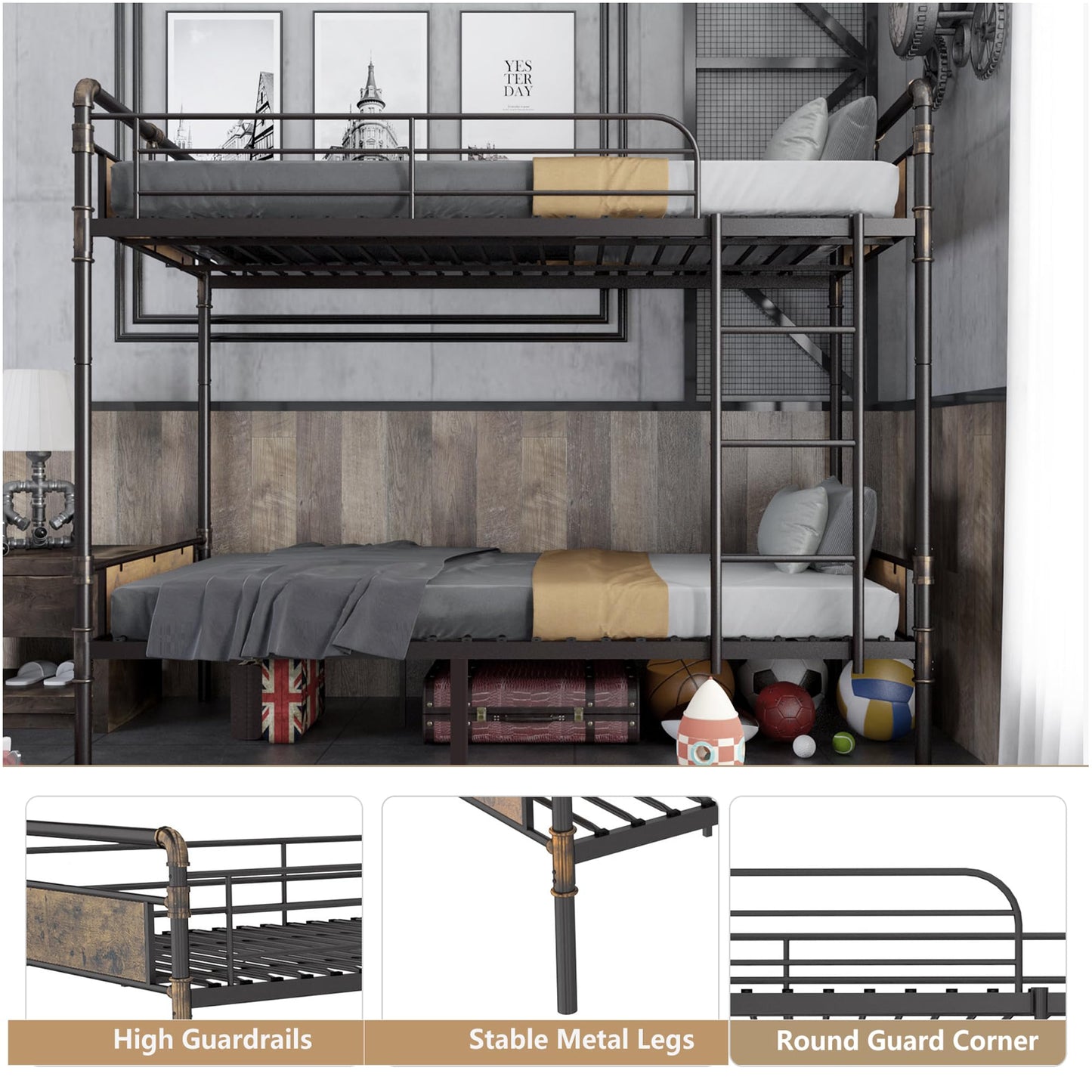 Alohappy Twin Over Twin Bunk Bed, Convertible Twin Bunk Beds Into 2 Individual Bed, Removable Ladder & Safety Guard Rail for Kids, Easy Assembly, No Box Spring Needed (Vintage Brown)
