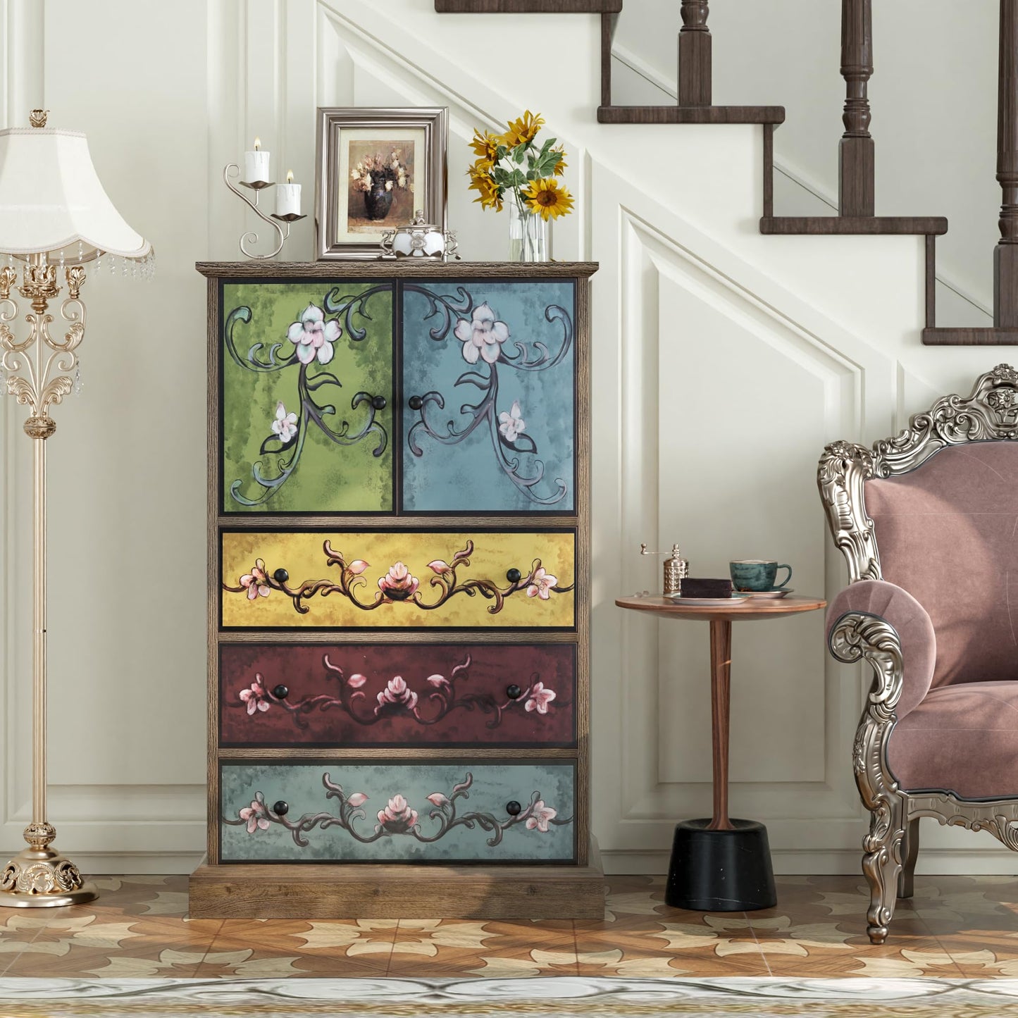 finetones Wood Dresser Chest of Drawers, Tall Dresser Boho Dresser with Drawers and Doors, 16.1D x 23.6W 42.3H Inch Wood Dresser Accent Dresser for Home Office