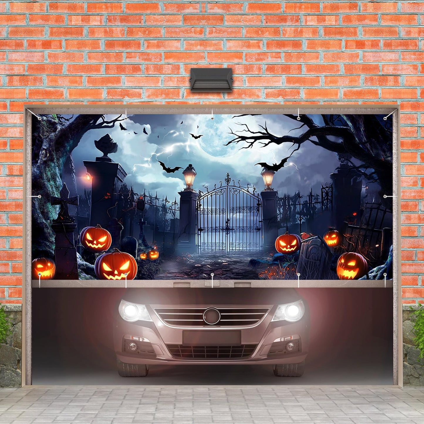 Preboun Halloween Garage Door Banner Large Hanging Backdrop Door Cover Halloween Garage Wall Decorations for Outdoor Holiday(6 x 13 ft)