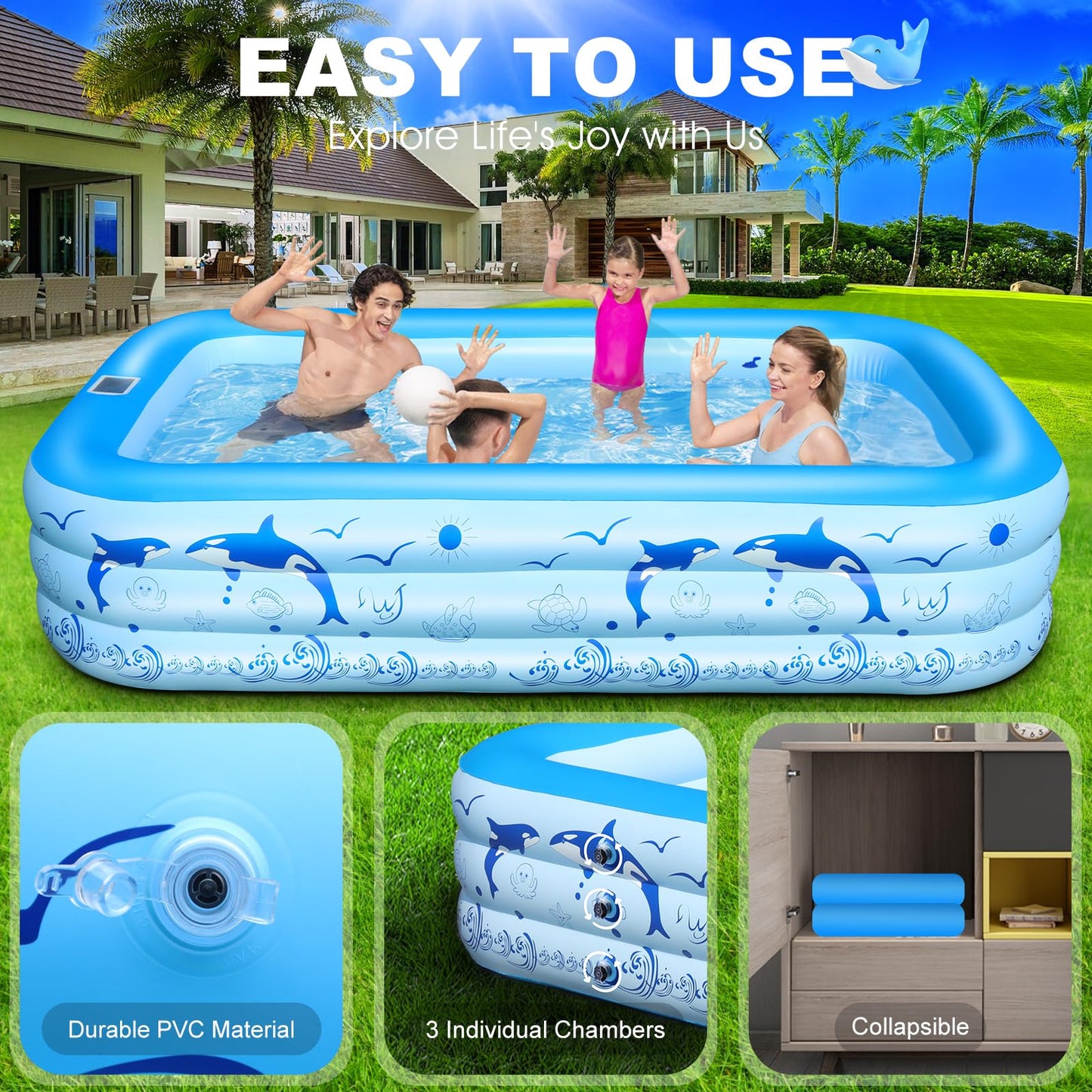 StarOcean Inflatable Pool with Lights,2024 Upgraded Family Inflatable Swimming Pool for Kids,Adults, BlowUp Pool Solar Powered,Large Kiddle Pool,106"x66"x26''Oversized Thickened Pool for Backyard-Blue