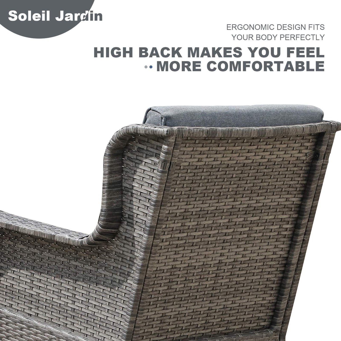 Soleil Jardin Outdoor Resin Wicker Rocking Chair with Cushions, Patio Yard Furniture Club Rocker Chair, Gray Wicker & Gray Cushions