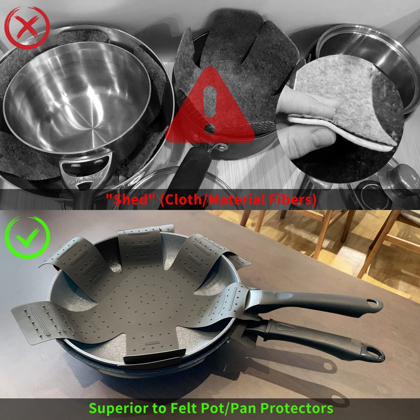 Pot & Pan Protectors, 3-Piece Silicone Cookware Protector Pad, Stacking Pan Protector. It Has a Unique Opening and Fixing Design That Can be Used to Protect and Separate Pots and Pans-Black