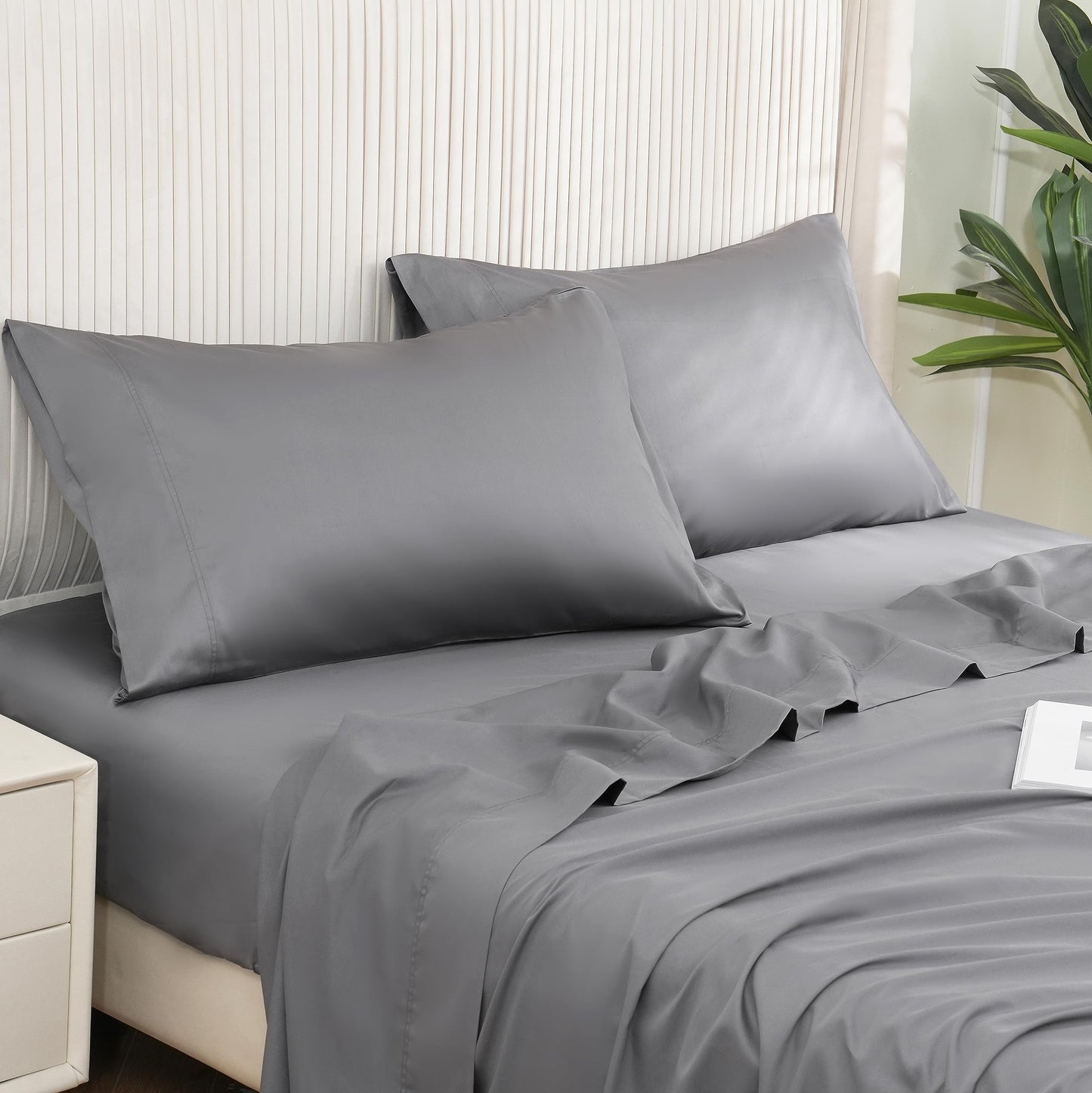 DOWNCOOL Twin Sheets Set Grey - 100% Cotton Sheets, 400 Thread Count Sateen Twin Bed Sheets with 16" Deep Pocket, 3-Piece Soft Breathable Cooling Hotel Luxury Bedding Sheets & Pillowcases