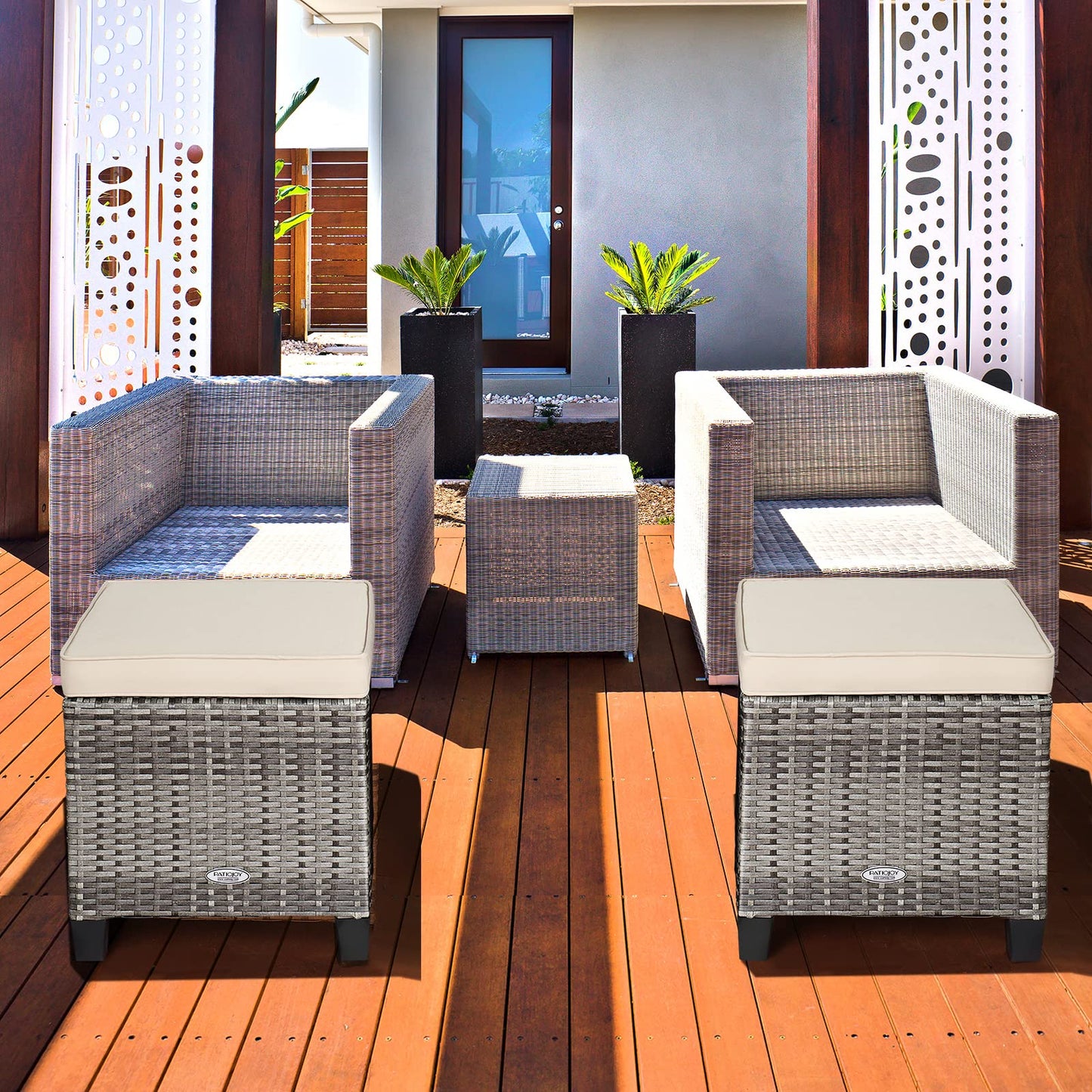 RELAX4LIFE 2-Piece Patio Rattan Ottomans - Outdoor Wicker Furniture w/ 2 Footrest Stools, Comfortable Cushions & Steel Metal Frame, All-Weather Patio Set for Backyard,Garden (White)