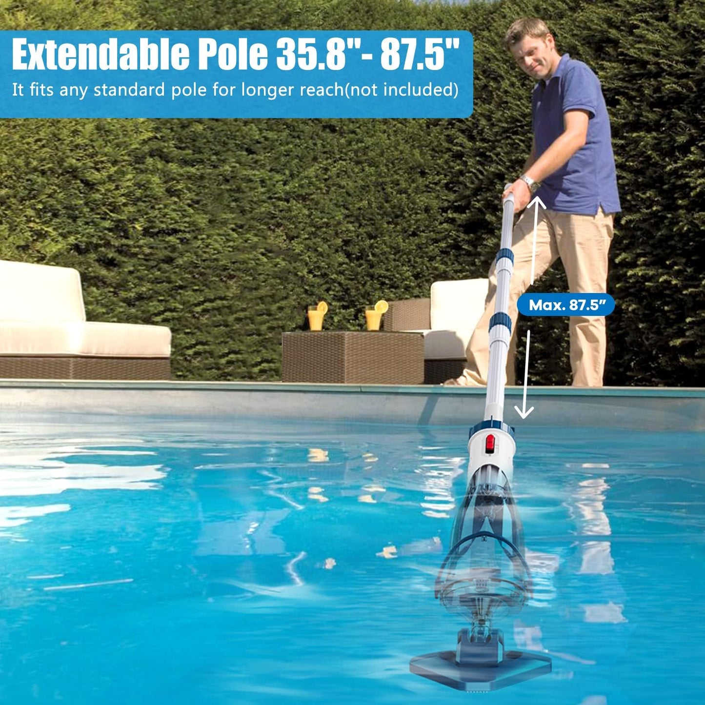 Pool Vacuum for Above Ground Pool with a Telescopic Pole, Running time up to 1H, T403 Handheld Rechargeable Pool Cleaner with Powerful Suction up to 18.5 gallons/min, Ideal for Leaves, Debris