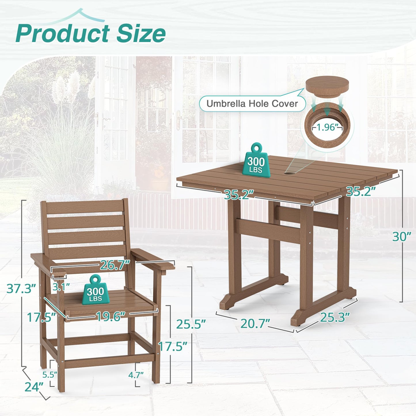 Homenjoy Patio Table and Chairs Set 5 Pieces, HDPE Weather Resistant Outdoor Dining Set with Umbrell Hole, Square Outdoor Dining Table with 4 Patio Chairs, Patio Dining Set for Balcony, Light Brown