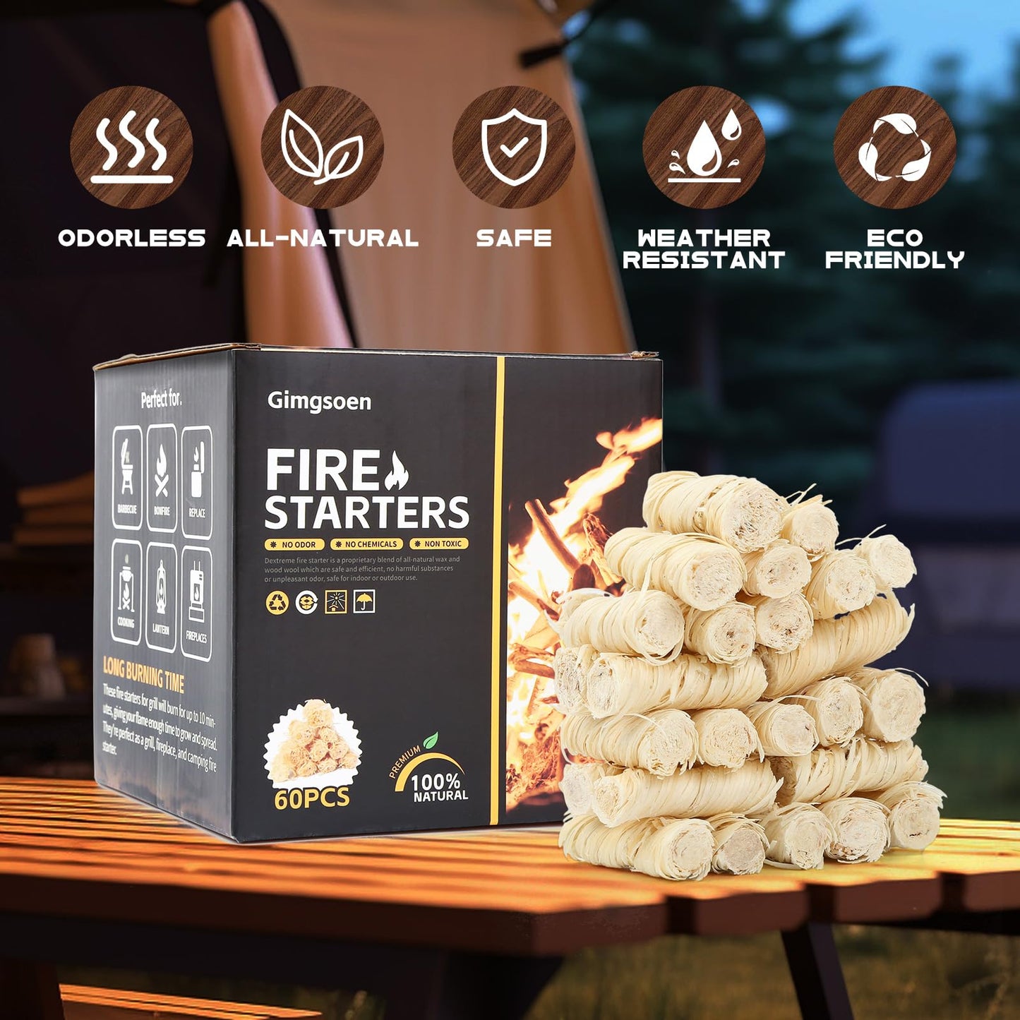 Fire Starters 60pcs-Natrual Fire Starters for Campfires，Fire Pit, Pizza Ovens，BBQ,Wood Stove- Grill Charcoal Fire Starters，All-Weather Waterproof Charcoal Fire Starter