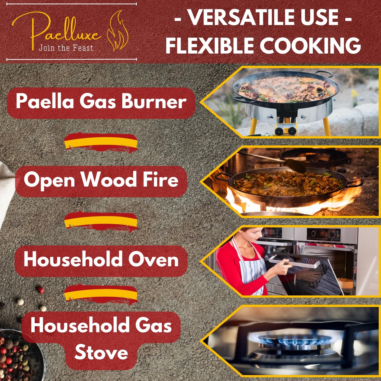 Paelluxe 18 Inch Paella Pan 12 Servings - Enamelled No Rust Easy to Clean Steel Pan for Propane Gas Burners for Cooking, Large Paella Pan - Indoor & Outdoor Cooking Skillet - Cacerola Paellera Sarten