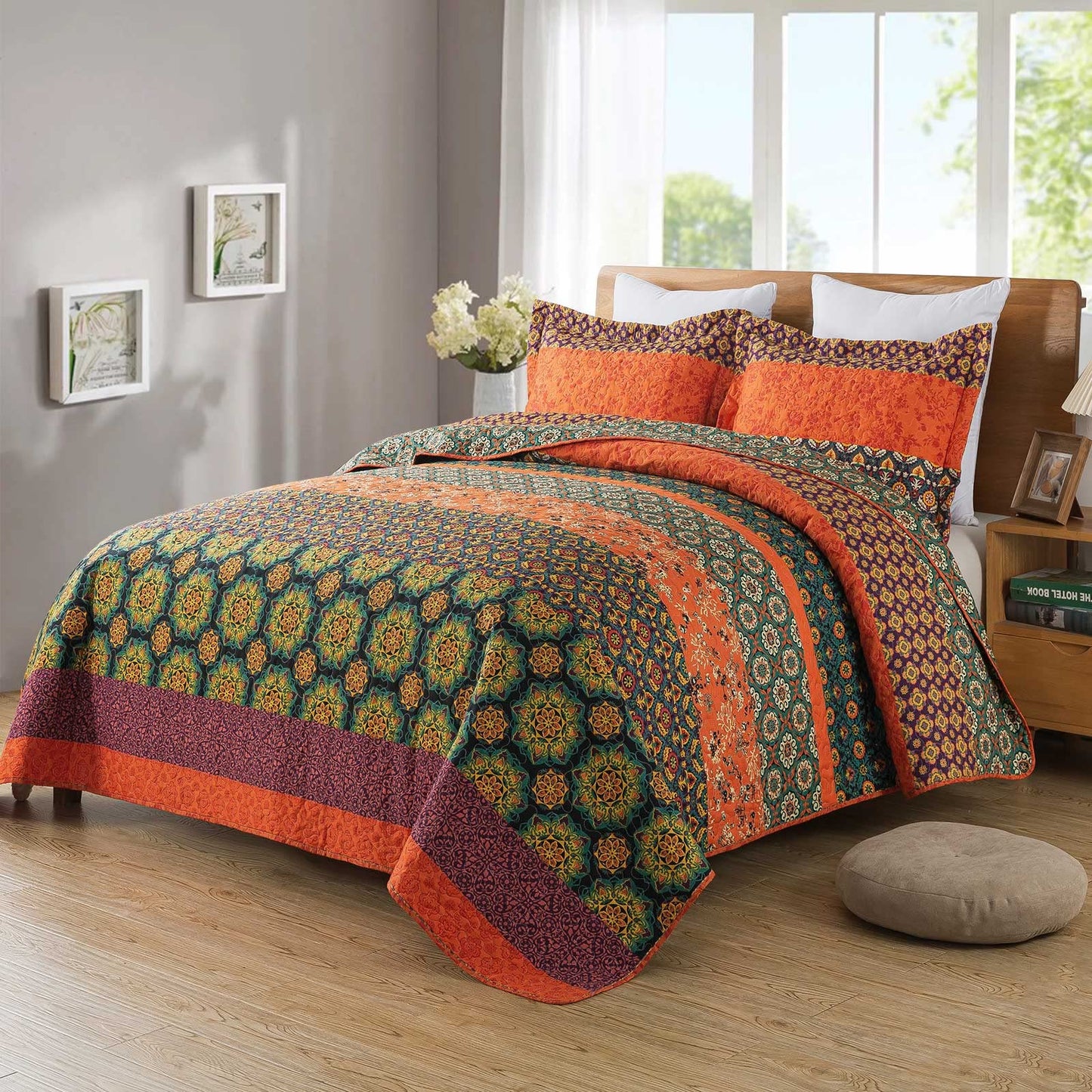 Travan Boho Stripe Quilt Sets Floral Printed Reversible Soft Bohemian Bedding Set with Shams for All Season, Orange Red Stripe, Queen Size