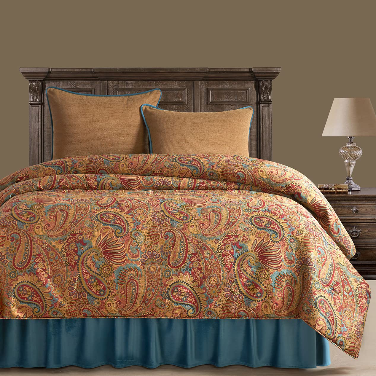 Paseo Road by HiEnd Accents San Angelo 4 Piece Comforter Set, Super King, Paisley Pattern, Teal Bed Skirt, Western Rustic Farmhouse Style Bedding Set, 1 Comforter, 1 Bedskirt, 2 Pillow Shams
