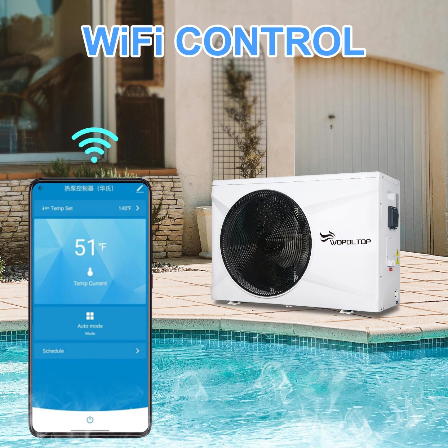 WOPOLTOP 35000 BTU Full DC Inverter Pool Heat Pump for Swimming Pools, Dual Function of Heating and Cooling, 10KW Electric Pool Heater with WiFi Smart Control via APP, 220-240V, up to 9000 Gallons