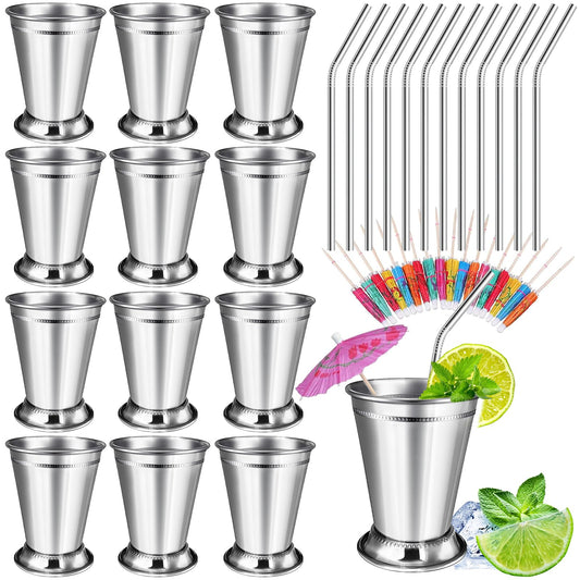 12 Sets Mint Julep Cups with Straws 12 oz Stainless Steel Drinking Cups Beaded Mint Julep Cups Silver Metal Cocktail Glasses with Straws and Drink Picks for Mint julep Cocktails Beer Juice Beverage