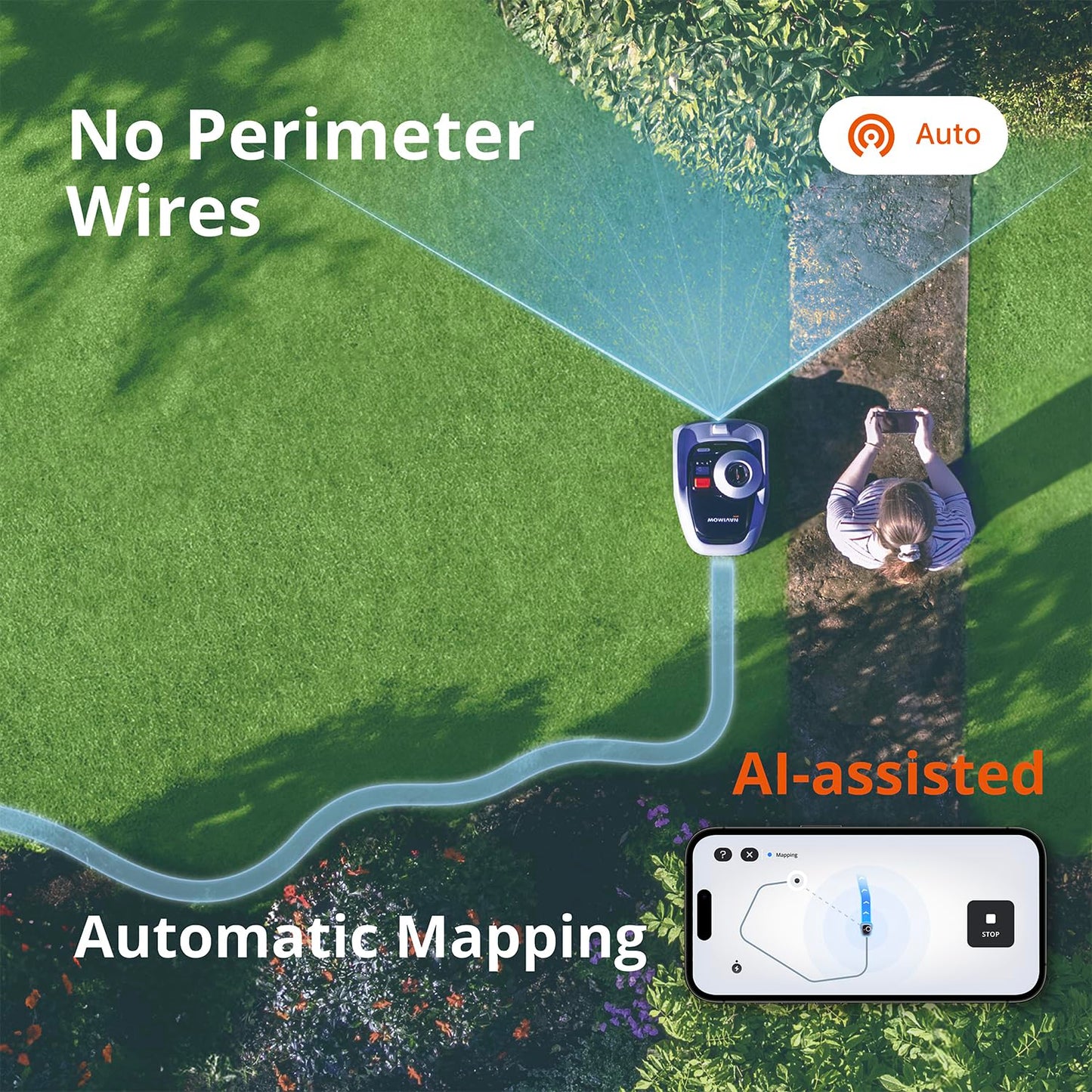 Segway Navimow i105N Robot Lawn Mower Perimeter Wire Free 1/8 Acre RTK+Vision Robotic Lawnmower, AI-Assisted Mapping, Virtual Boundary, APP Control, 58dB(A) Quiet, Multi-Zone Management