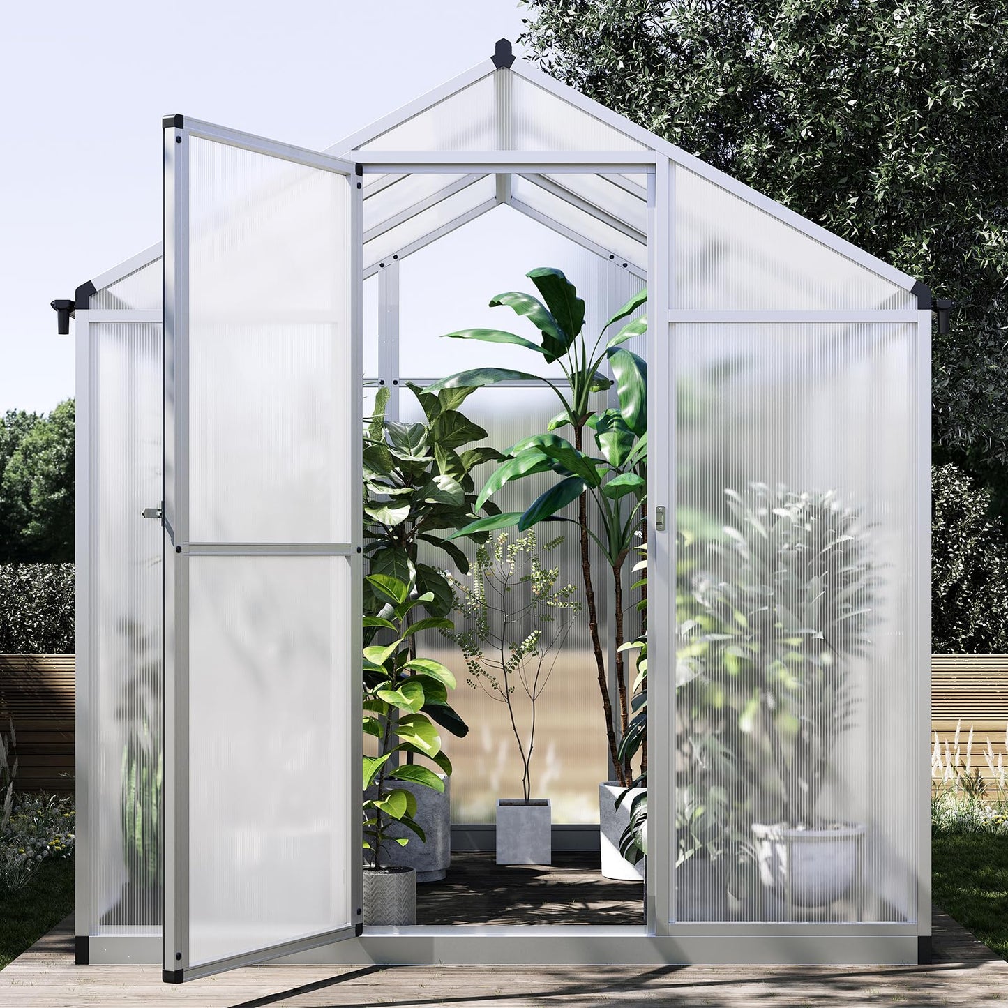 6x6 FT Greenhouse for Outdoors, Polycarbonate Greenhouse with Quick Setup Structure and Roof Vent, Aluminum Large Walk-in Greenhouse for Outside Garden Backyard, Silver