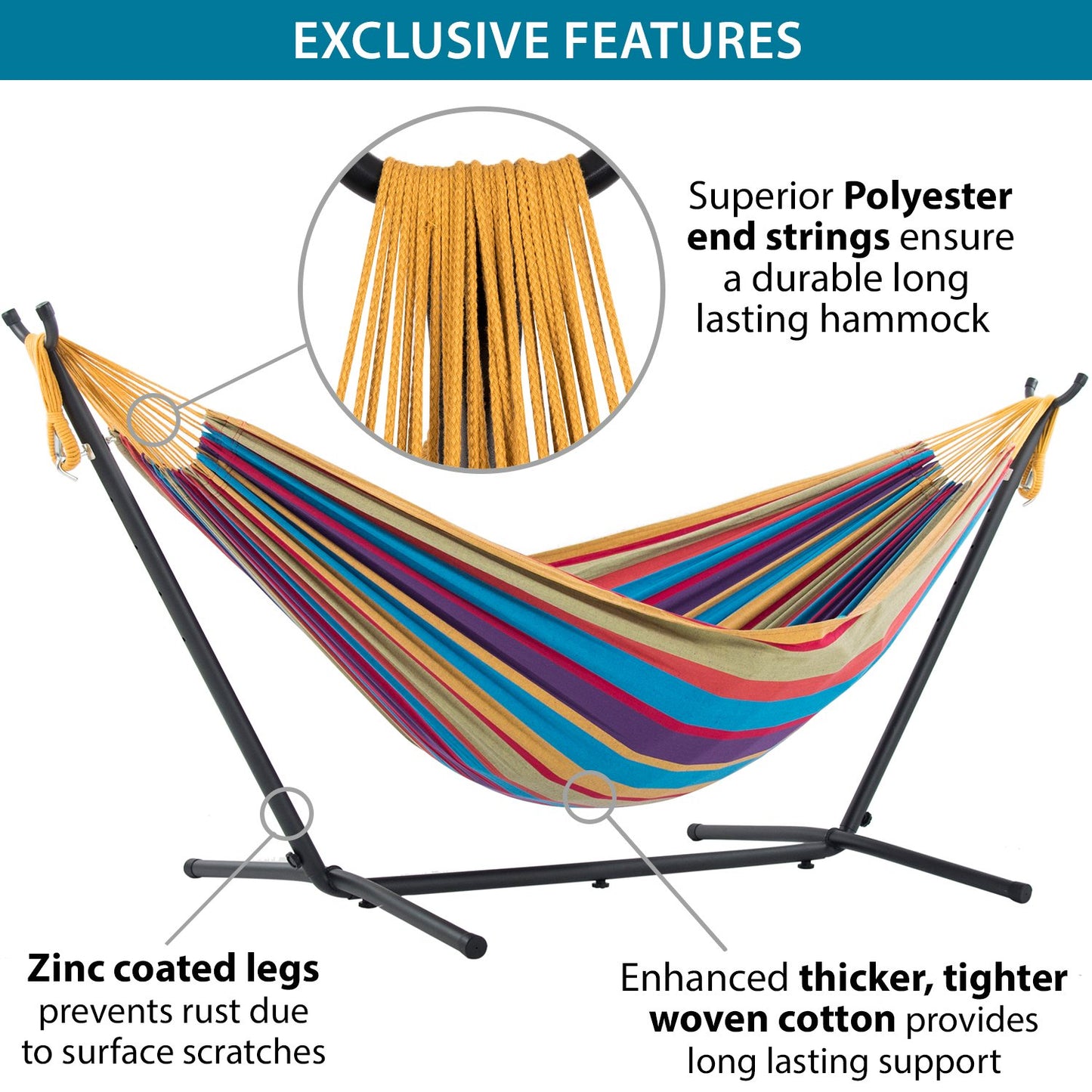 Vivere Double Cotton Hammock with Space Saving Steel Stand, Tropical (450 lb Capacity - Premium Carry Bag Included)