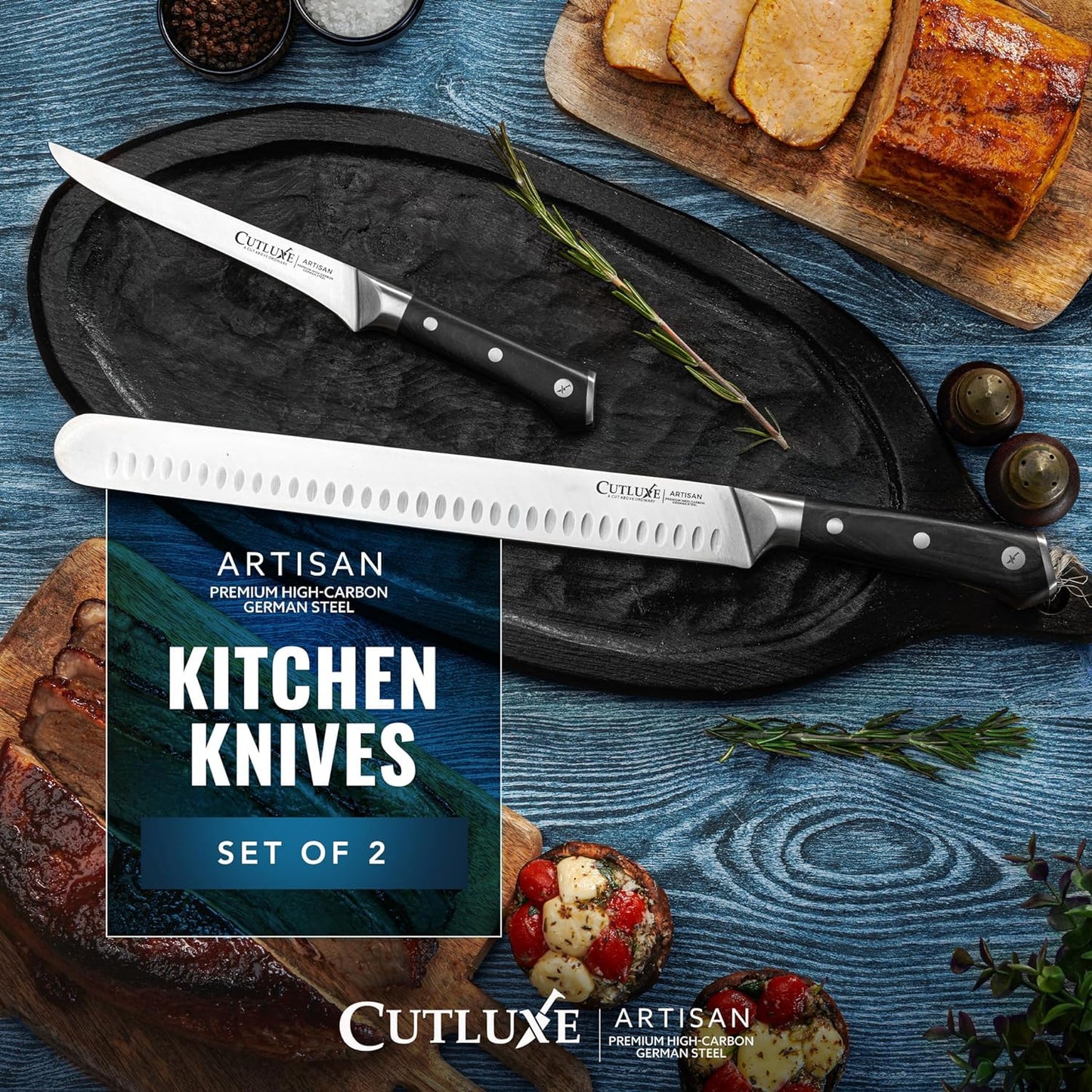 Cutluxe BBQ Carving Knife Set – Brisket Slicing Knife and Boning Knife for Meat Cutting – Professional Knife, Razor Sharp German Steel, Full Tang, Ergonomic, Grilling Gifts for Men – Artisan Series